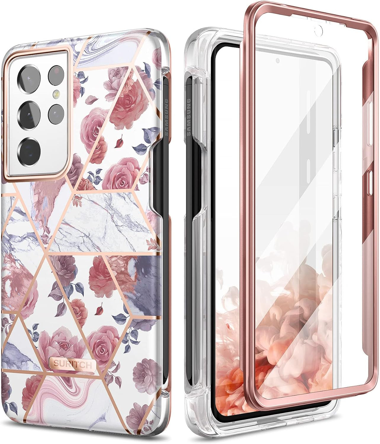 SURITCH Phone Case for Samsung Galaxy S21 Ultra with S-Pen Holder Front Cover Built-In Screen Protector Upgraded Dual-Layer Full Body Protection Anti-Scratch Shockproof for Woman Man, Purple Marble  SURITCH Rose Marble  