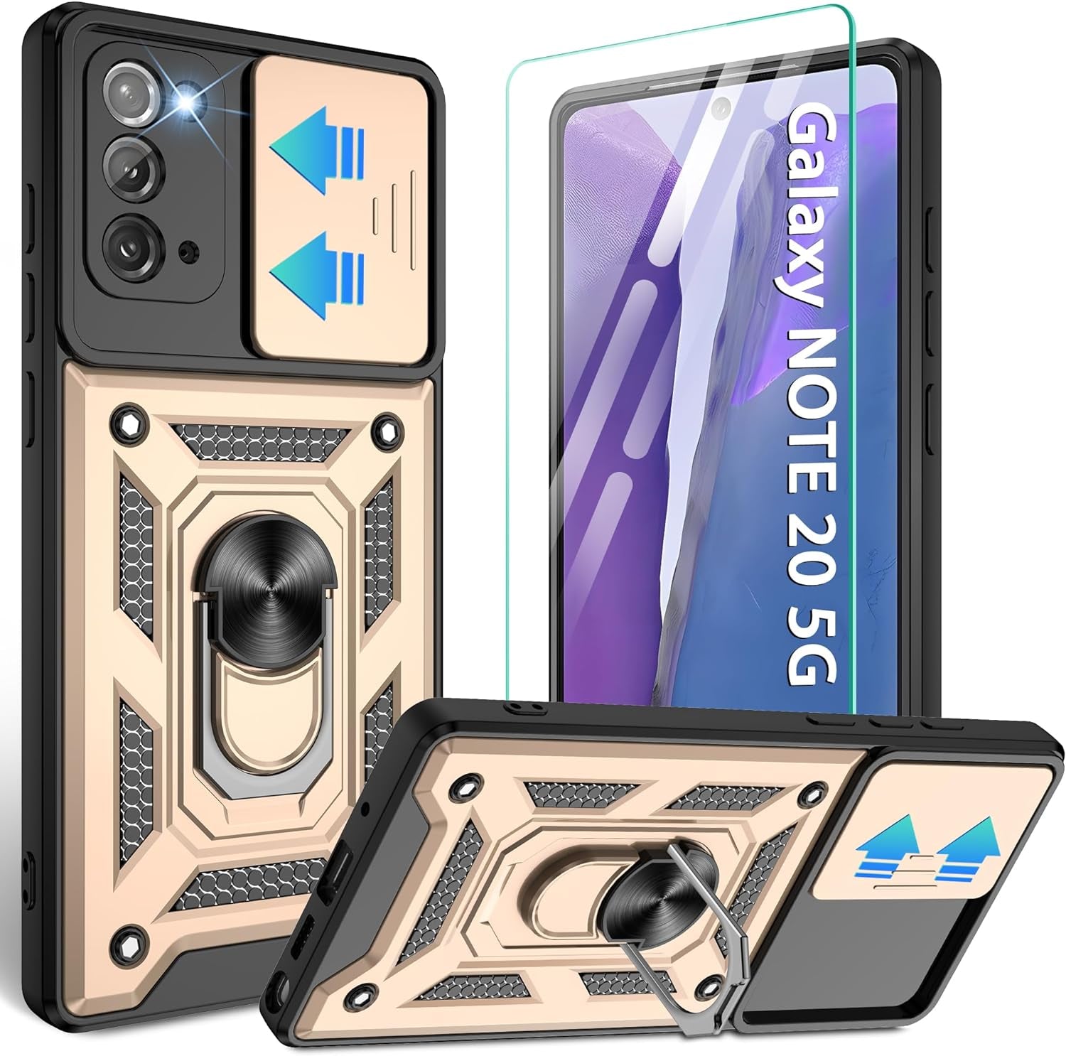 Compatible with Samsung Galaxy Note 20 5G Case,Samsung Note 20 Case with HD Screen Protector with Slide Camera Cover, 360°Rotation Ring Kickstand [Military Grade] Case for Galaxy Note 20,Silver  Gritup Gold  