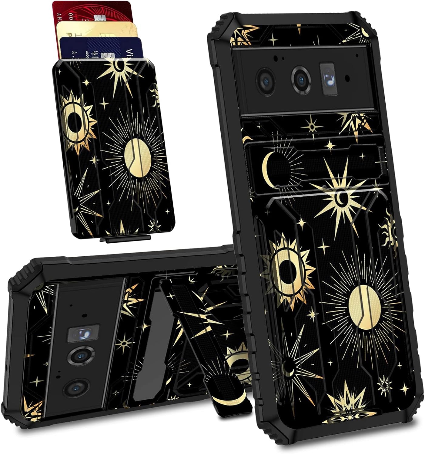 Case for Goole Pixel 6 Pro with Detachable Card Holder Slot Kickstand Hybrid Dual Layer Heavy Duty Shockproof Cover Hidden ID Cash Credit Wallet Case for Google Pixel 6 Pro 5G, Vintage American Flag  BVDIKMI Sun Moon Star  