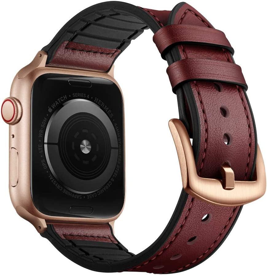 OUHENG Compatible with Apple Watch Band 49Mm 45Mm 44Mm 42Mm, Sweatproof Genuine Leather and Rubber Hybrid Band Strap for Iwatch Ultra Series 8 7 6 5 4 3 2 1 SE2 SE, Brown Band with Black Adapter  OUHENG Wine Red/Rose Gold 41mm/40mm/38mm 