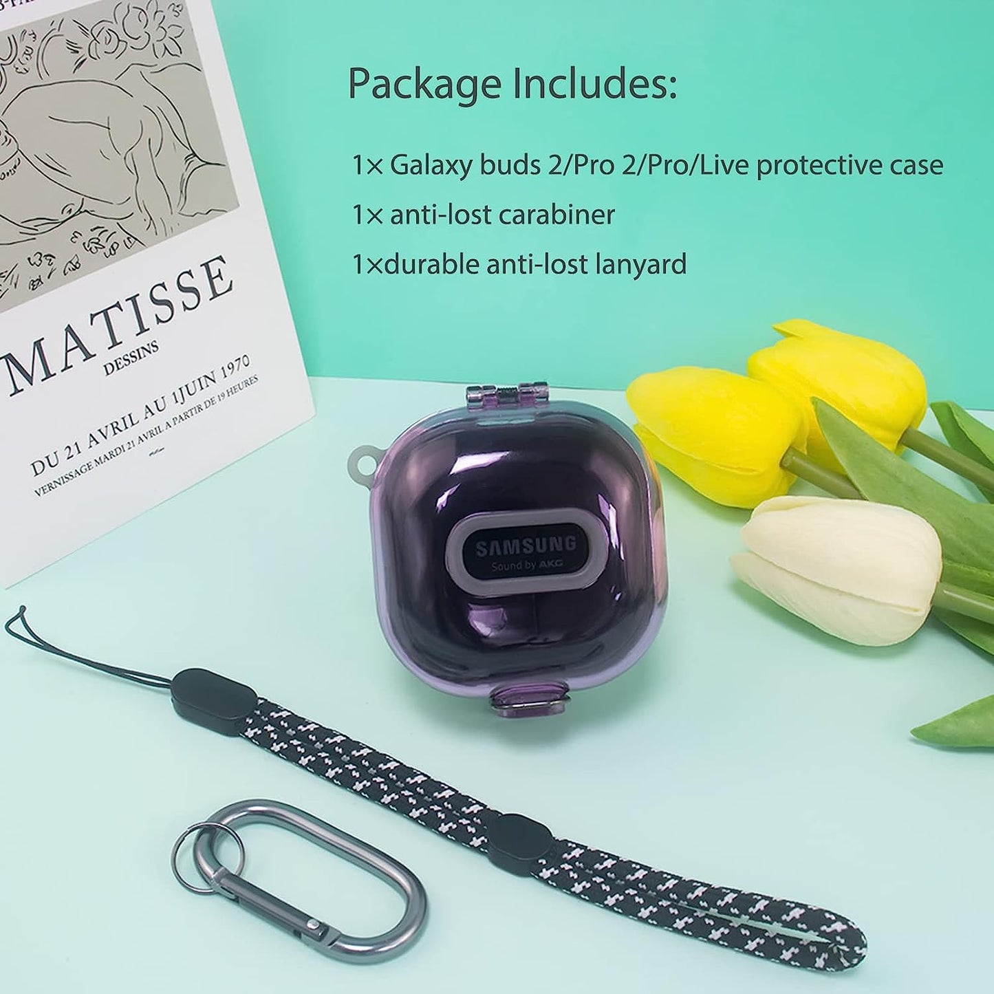 Miimall [Upgrade Secure Lock] Case Compatible for Samsung Galaxy Buds 2/Galaxy Buds Pro 2/ Galaxy Buds Live/Galaxy Buds Pro Case with Lanyard &Carabiner Accessories, Clear Replacement Case (Purple)  Miimall   