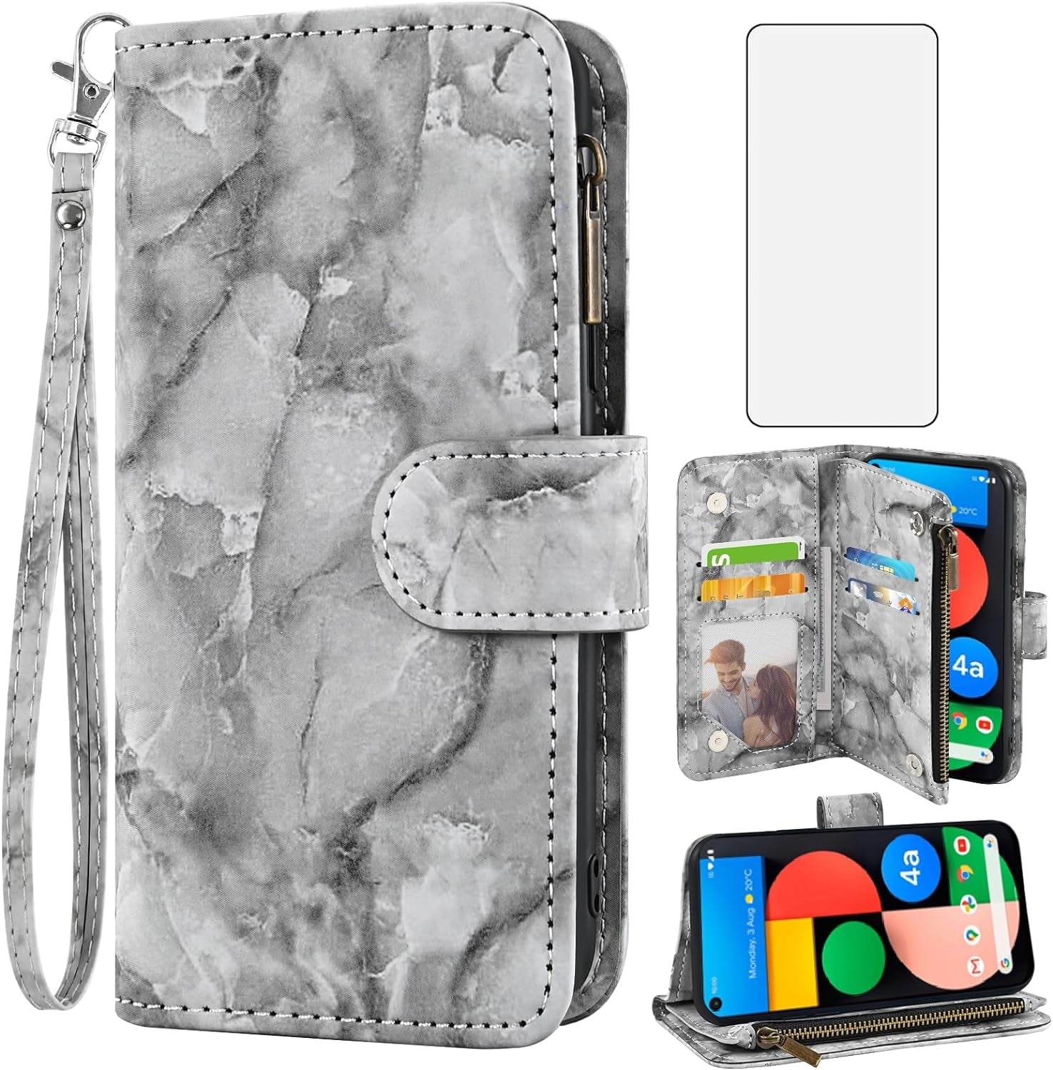 Asuwish Phone Case for Google Pixel 4A 5G 6.2 Wallet Cell Cover with Tempered Glass Screen Protector and Marble Leather Flip Credit Card Holder Slot Stand Pixel4A5G UW Pixel4A 5G Pixle A4 G5 4A5G Pink  Asuwish Gray For Pixel 4A 5G 
