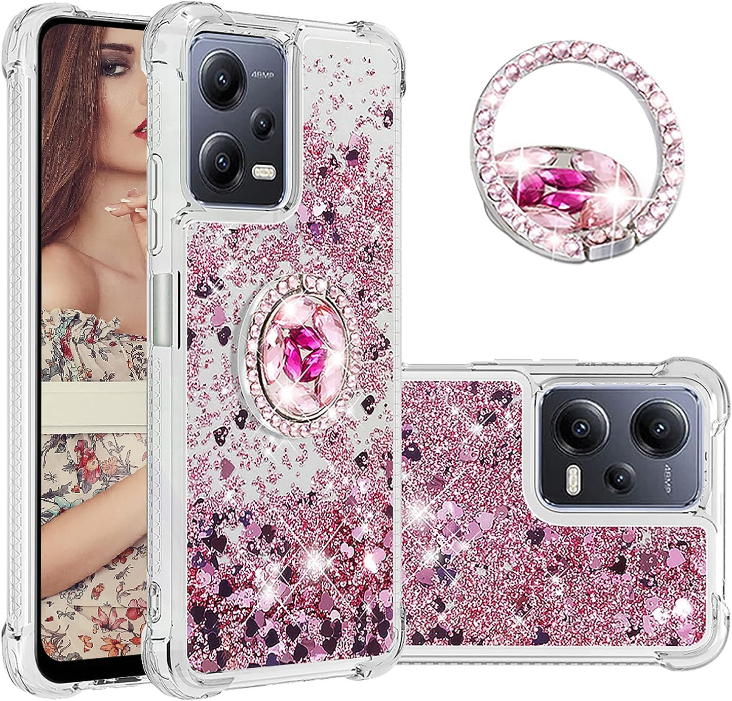 Ccsmall Glitter Clear Sparkly Bling Case for Xiaomi Redmi Note 12 4G, Flowing Liquid Quicksand Cover with Diamond Ring Holder Case for Xiaomi Redmi Note 12 4G LSZ Silver  CCSmall Rose Gold Redmi Note 12 5G 