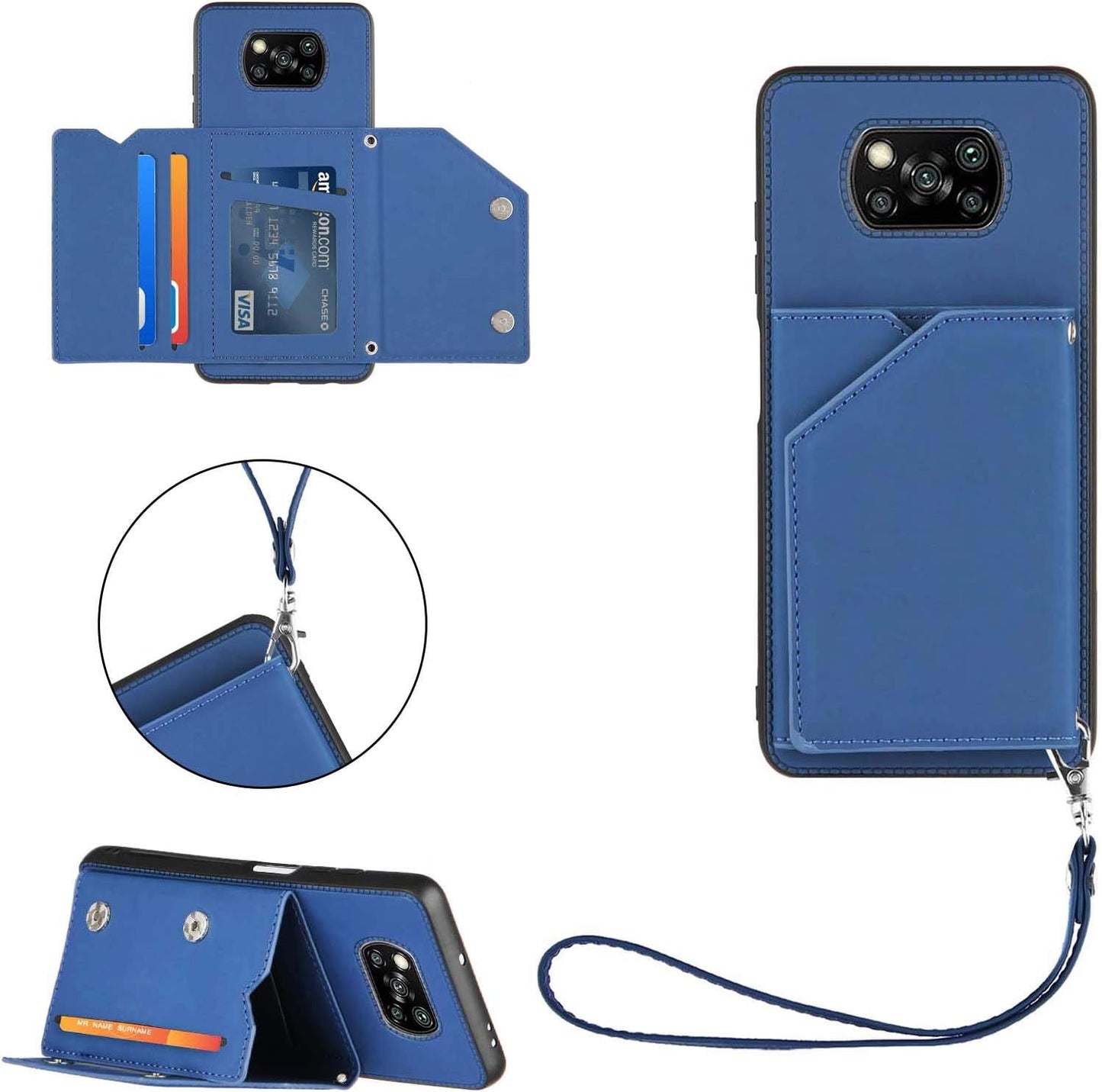 Leton-Us Compatible with Xiaomi Mi Poco X3 NFC Case Magnetic Leather Flip Wallet Case for Xiaomi Mi Poco X3 NFC Lanyard Card Holder Hard PC Bumper Card Slot Cash Holder Girls Cover Blue  Leton-US   