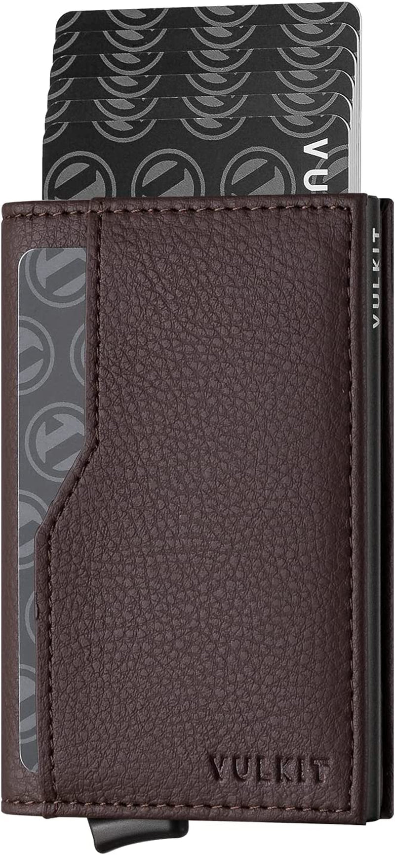 VULKIT Card Holder with ID Window Pop up Cards Slim Leather Wallet RFID Protection up to 12 Cards Card Case  VULKIT Dark Brown  