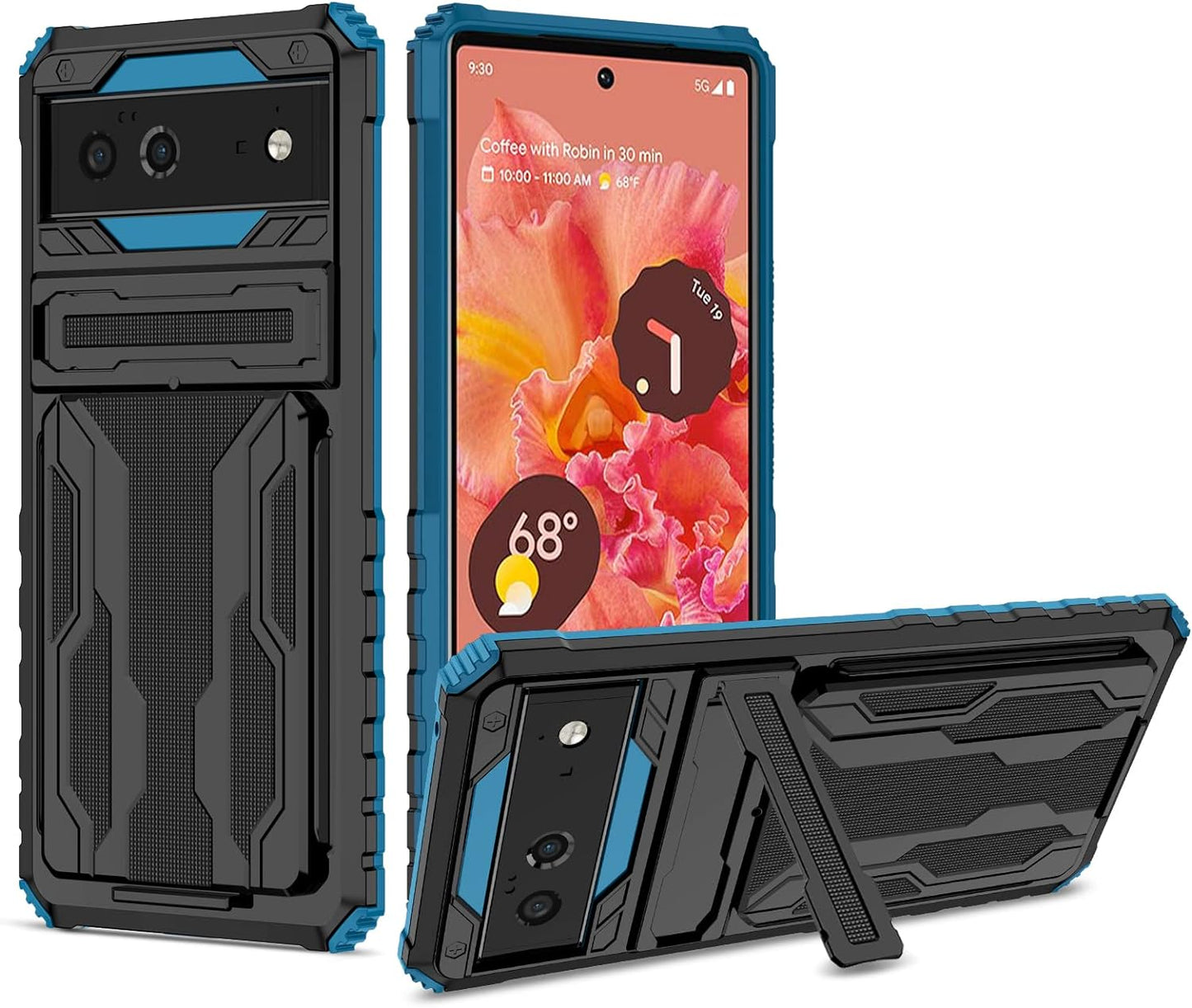 Military Grade Shockproof Heavy Duty Protective Case for Google Pixel 6 5G 2021 with Built-In Kickstand and Credit Card Slots Holder Fior Google Pixel 6 5G  Joie & Joho Blue  
