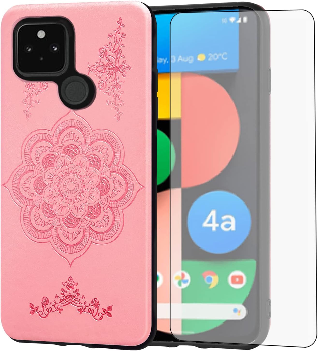 Asuwish Compatible with Google Pixel 4A 5G 6.2 Case and Tempered Glass Screen Protector Thin Slim Soft TPU Flower Leather Cell Phone Cover for Pixel4A5G UW Pixel4A 5G Pixle A4 G5 4A5G Women Men Purple  Asuwish Rose Gold For Pixel 4A 5G 