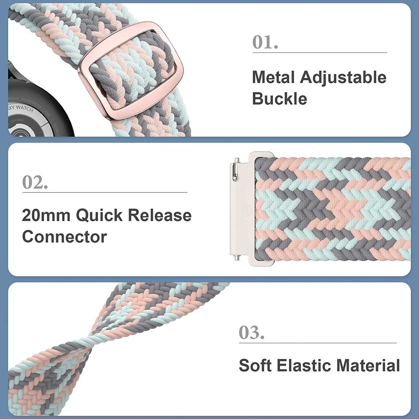 20Mm Braided Bands Compatible with Samsung Galaxy Watch 5&4 Band/Active 2 40Mm 44Mm/Galaxy Watch 5 Pro 45Mm/Galaxy Watch 4 Classic 42Mm 46Mm/Watch 3 41Mm, 5 Pack Elastic Stylish Quick Release Bands  ABOVEACC   