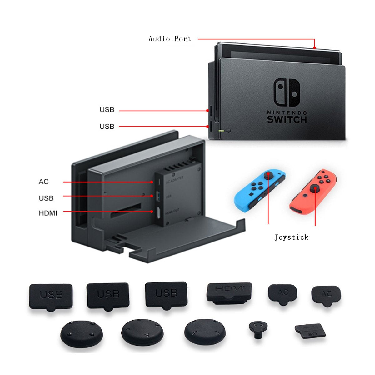 CLOVER Silicone Soft Rubber Dust Proof Plug Assessories Kits Set (13 Pack) for Nintendo Switch 2017 with Tempered Glass Screen Protector  CLOVER   