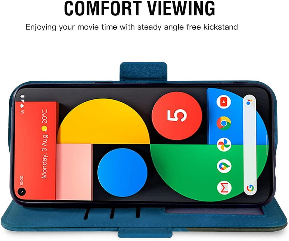 Asuwish Compatible with Google Pixel 5 Wallet Case and Tempered Glass Screen Protector Leather TPU Flip Cover Card Holder Stand Cell Accessories Phone Cases for Pixel5 5G Pixle Five G5 Women Men Blue  Asuwish   