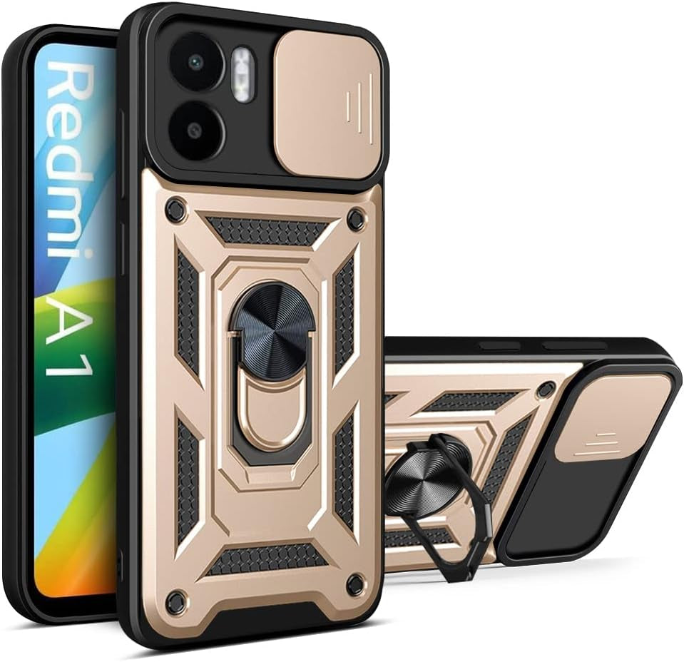 Ccsmall Case for Xiaomi Redmi A1 with Slide Camera Cover, Military Grade Drop Protective Phone Cover Case with Ring Kickstand for Xiaomi Redmi A1 SJ Green  CCSmall Gold  