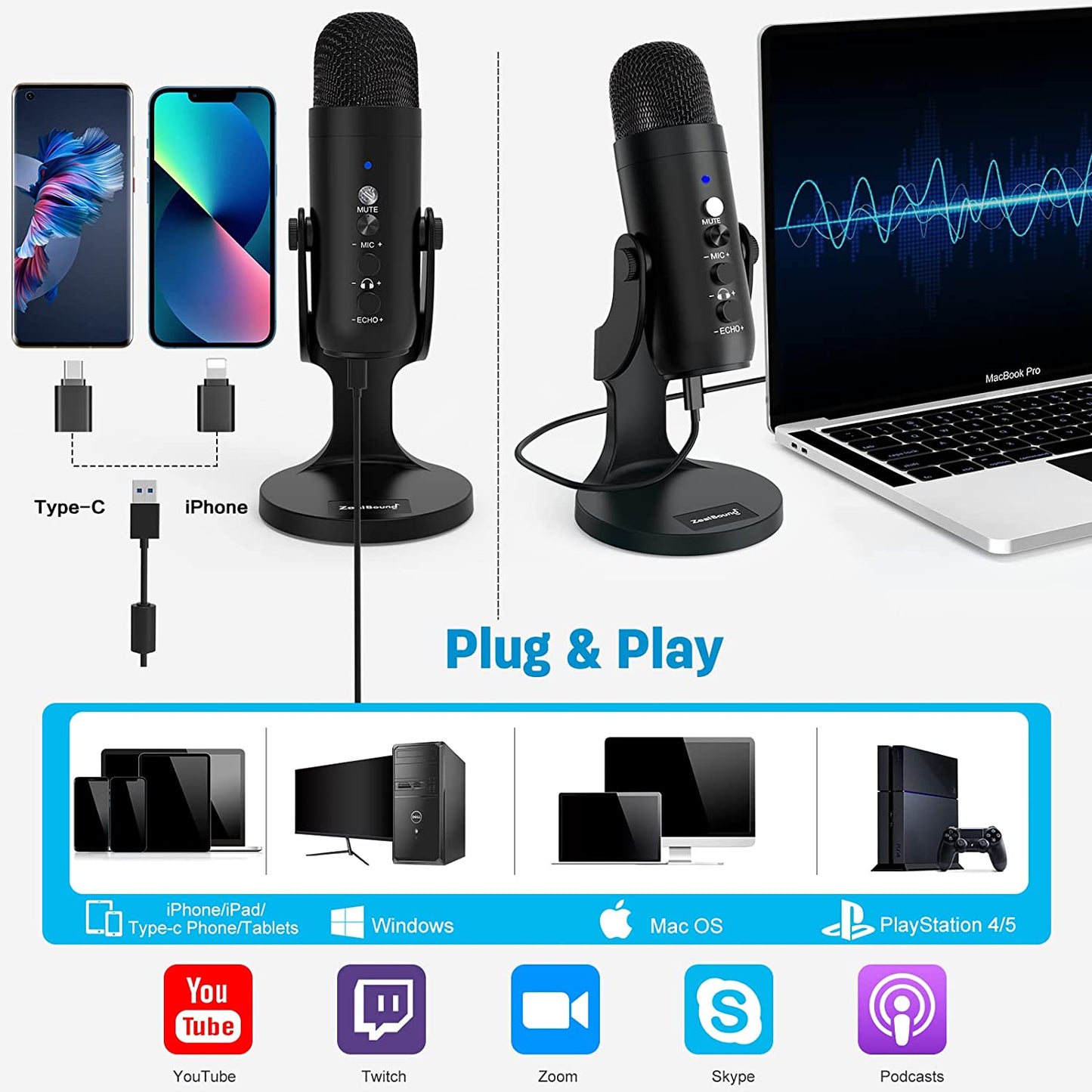 Zealsound USB Microphone,Condenser Computer PC Mic,Plug&Play Gaming Microphones for PS 4&5.Headphone Output&Volume Control,Mic Gain Control,Mute Button for Vocal,Youtube Podcast on Mac&Windows(Black)  ZealSound   
