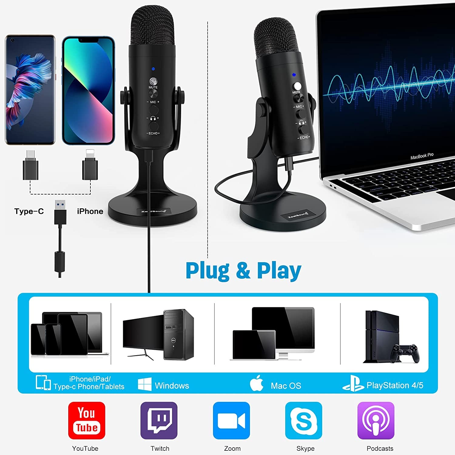 Zealsound USB Microphone,Condenser Computer PC Mic,Plug&Play Gaming Microphones for PS 4&5.Headphone Output&Volume Control,Mic Gain Control,Mute Button for Vocal,Youtube Podcast on Mac&Windows(Black)  ZealSound   