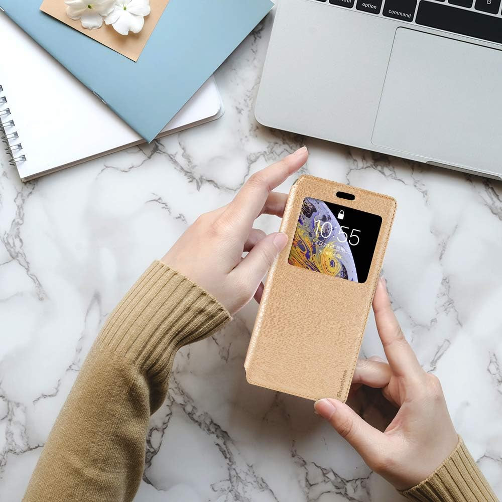 Shantime LG G8 Thinq Case, Wood Grain Leather Case with Card Holder and Window, Magnetic Flip Cover for LG G8 Thinq Gold  Shantime   