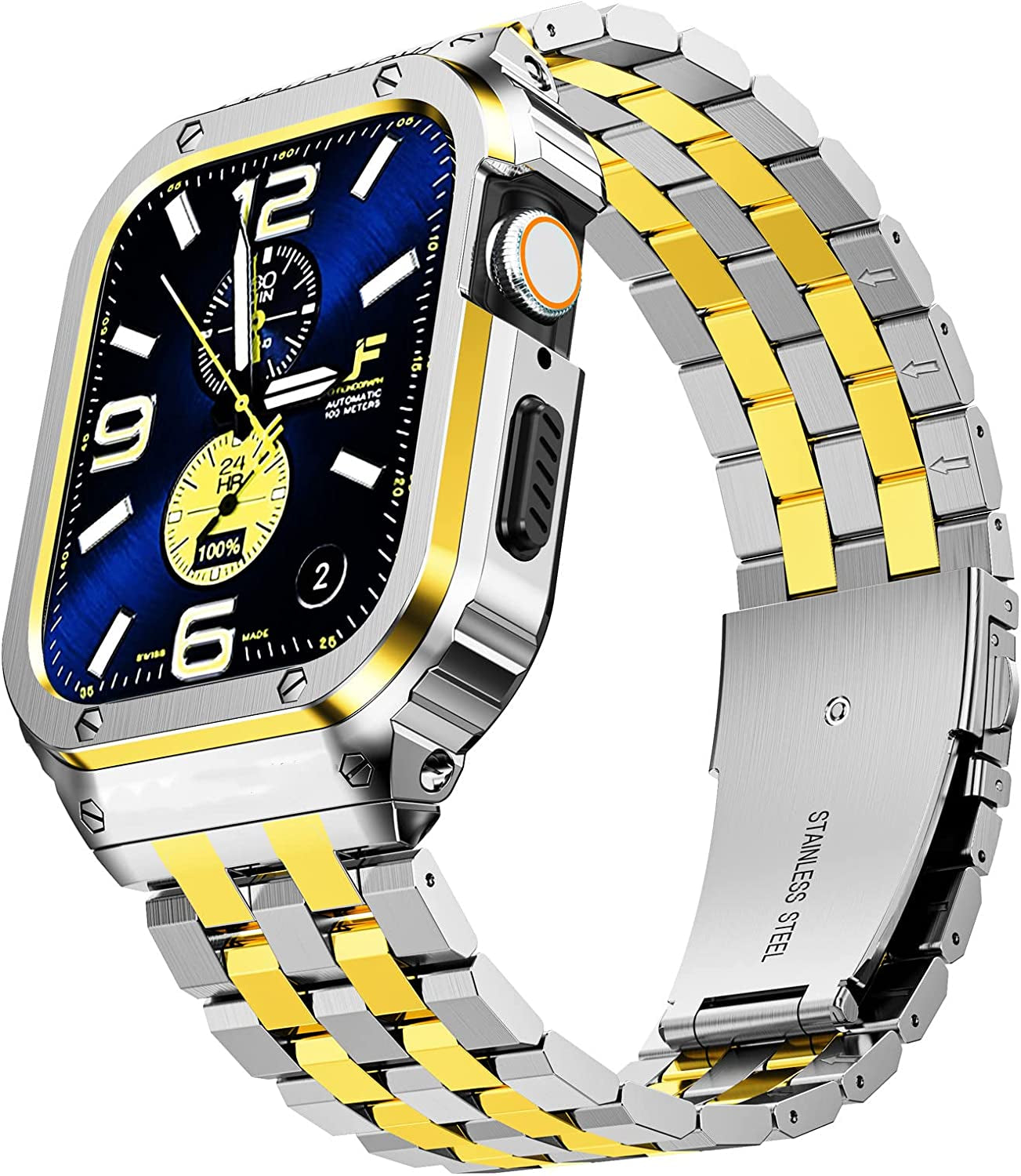 SUPLINK Stainless Steel Case with Band Compatible Apple Watch Bands 40Mm/41Mm/44Mm/45Mm/49Mm,Metal Rugged Protector Cover Bumper Strap for Iwatch Ultra Series 8/7/6/5/4/SE for Men  SUPLINK Silver/Gold 44mm(series SE/6/5/4) 