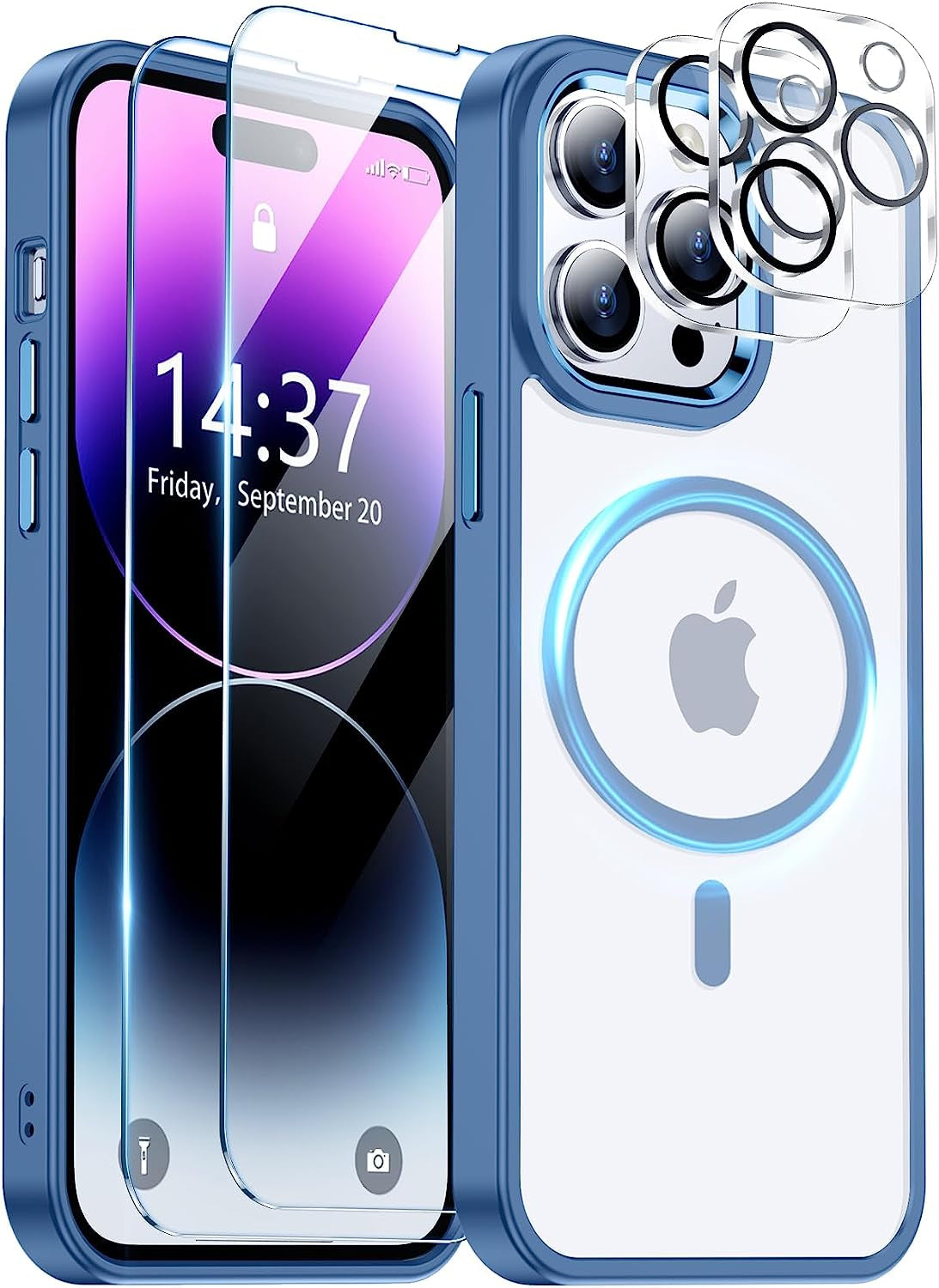Temdan Magnetic Case for Iphone 14 Pro Max Case, [Compatible with Magsafe] [2Pcs Tempered Glass Camera Protector & Screen Protector] Slim Translucent Matte Shockproof Case for Iphone 14 Pro Max 6.7"  Temdan E-Blue/Clear  