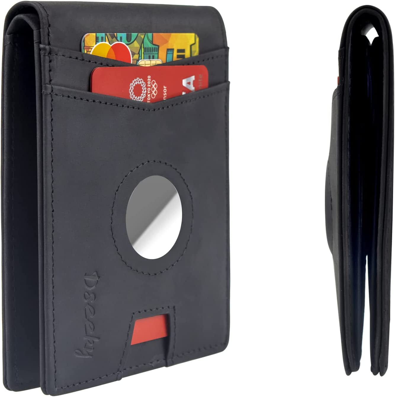 Dseeky Mens Slim Bifold Wallet Multi-Function Wallet Slim Simple Leather Wallet for Airtag Oscar,Genuine Crazy Horse Leather(Black)  Dseeky   