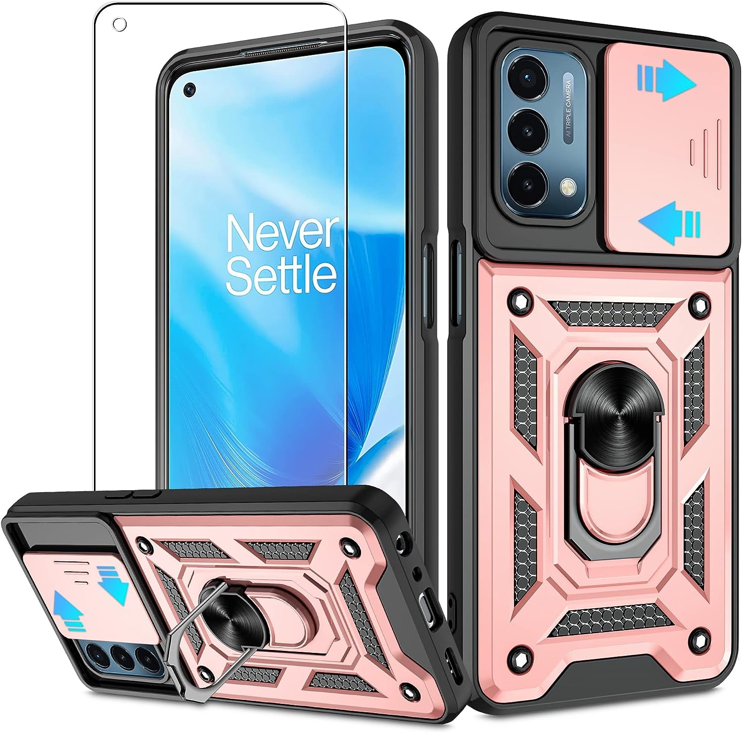 For Oneplus Nord N200 5G Case with HD Screen Protector with Slide Camera Cover, Atump 360° Rotation Ring Kickstand [Military Grade] Shockproof Protective Case for Oneplus Nord N200 5G,Black  Atump Rose Gold  