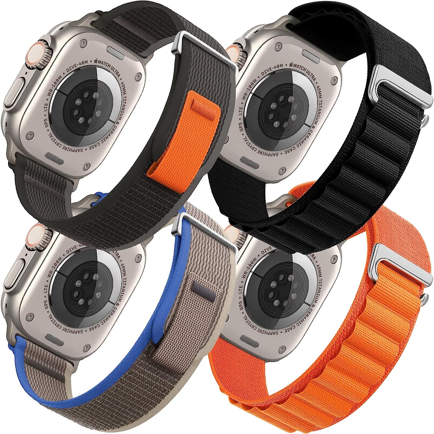 4 Pack Alpine Loop Nylon Band Compatible with Apple Watch Band 49Mm 45Mm 44Mm 42Mm Women Men,Adjustable Sport Metal C-Hook Strap for Iwatch Ultra Series SE 8/7/6/5/4/3/2/1,Black/Orange/Starlight/Green  AWYNJY Alpine Black+Alpine Orange+Trail Black+Trail Blue 42/44/45/49mm 