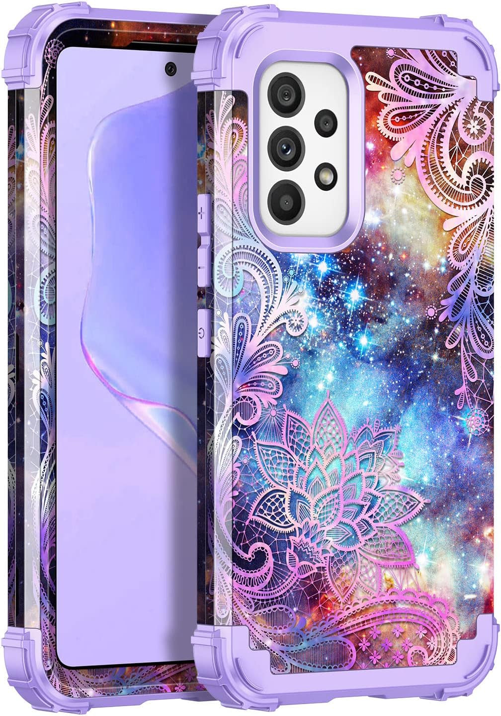 Casetego Compatible with Galaxy A53 5G Case,Floral Three Layer Heavy Duty Sturdy Shockproof Full Body Protective Cover Case for Samsung Galaxy A53 5G,Blue Flower  Casetego Purple Mandala  