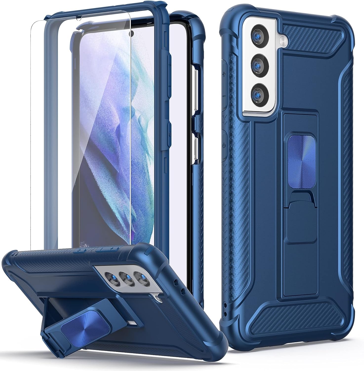 ORETECH Samsung S21 plus Case, Galaxy S21 plus Case with 2 X Tempered Glass Screen Protector for Samsung Galaxy S21 plus Phone Case with Built-In Kickstand for Samsung S21 plus Case -6.7" Red  ORETECH Blue For Samsung Galaxy S21 Plus-6.7 Inch 