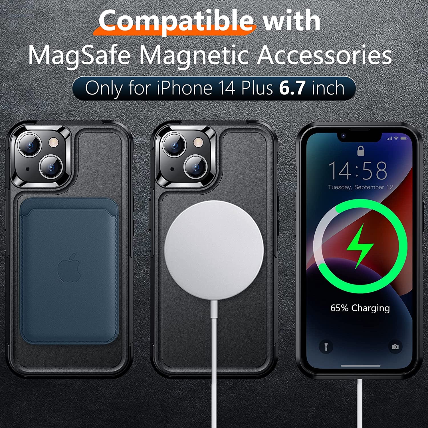 Red2Fire Magnetic for Iphone 14 plus Case [Compatible with Magsafe][Military Grade Drop Protection][Glass Screen Protector+Camera Lens Protector] Heavy Duty Shockproof Phone Case 6.7"-Black  Red2Fire   