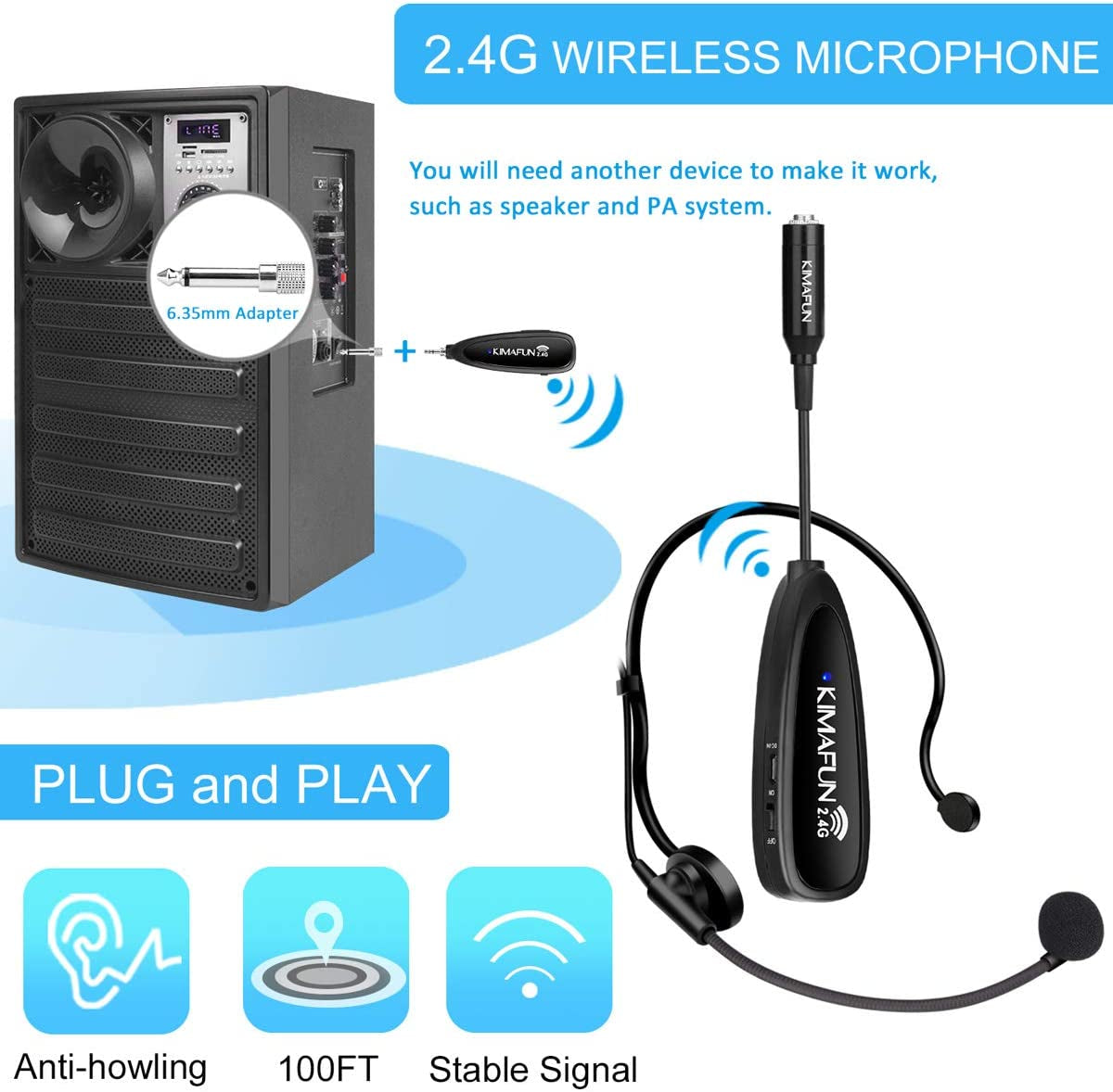 KIMAFUN Wireless Microphone System, 2.4G Wireless Headset and Lavalier Lapel Microphones for Iphone, Android Phone, Laptop and Speaker, Designed for Teaching, Recording, Vlog, Broadcast, G102-3  KIMAFUN   