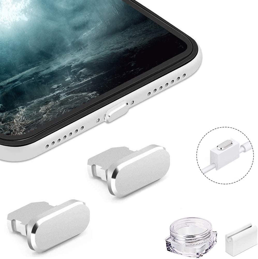 VIWIEU Metal anti Dust Plug Compatible with Iphone 14 13 12 11 X XS XR 8 7 SE Mini plus Pro Max Ipad Airpods, 2 Pack Lightning Charging Port Cover Protectors with Plug Holder and Storage Box (Black)  VIWIEU 03 Silver 2 PCS 