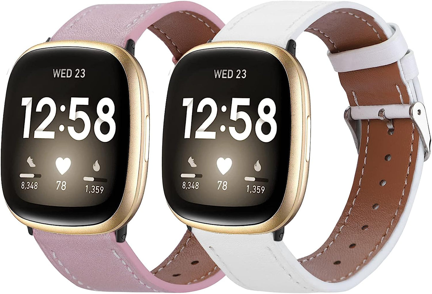 2 Pack Leather Bands Compatible with Fitbit Versa 3 Bands/Fitbit Sense Bands for Women Men, Classic Soft Leather Replacement Wristbands Strap for Fitbit Versa 3 / Fitbit Sense  POHNUI White & Rose Pink  