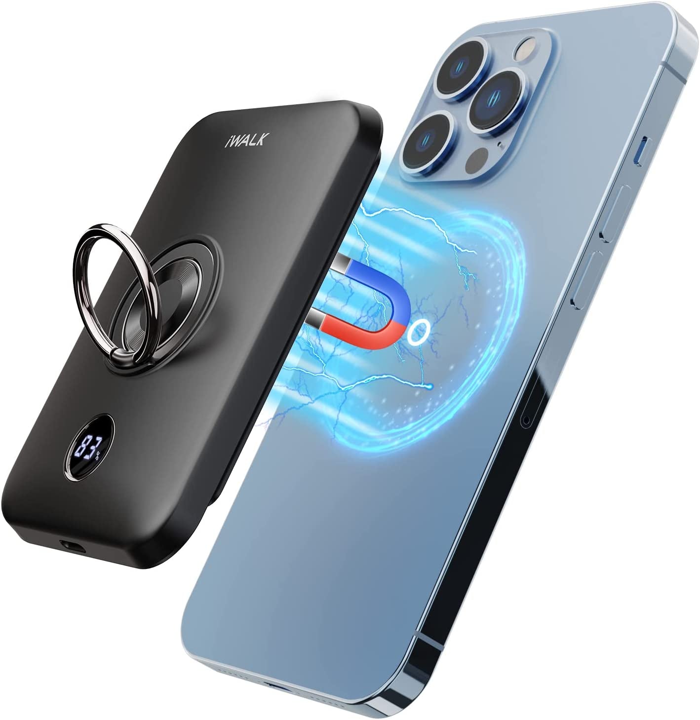 Iwalk Magnetic Wireless Power Bank, 6000Mah Portable Charger with Finger Holder, Stronger Magnet Stick for Phone with Unique Mag-Suction Tech, Only Compatible with Iphone 14/13/12 Pro Max  iWALK   