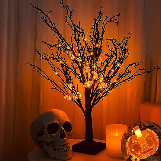 [ Timer ] 24”/ 2FT Prelit Halloween Trees Decorations with Timer 24 Orange LED 25 Pumpkin Battery Powered Halloween Black Spooky Tabletop Tree Scary Ornament Halloween Decoration Indoor Home Party  TURNMEON   