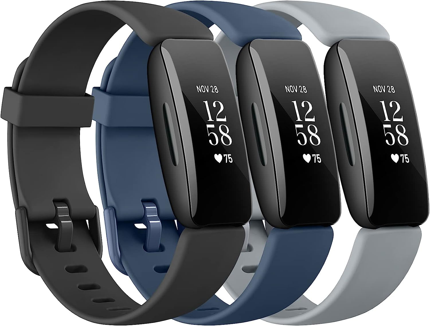 3 Pack Silicone Bands Compatible with Fitbit Inspire 2 Bands for Women Men, Adjustable Replacement Sport Wristbands Straps for Fitbit Inspire 2 / Ace 3 (Black/Gray/White)  Mugust Black/Navy Blue/Gray  