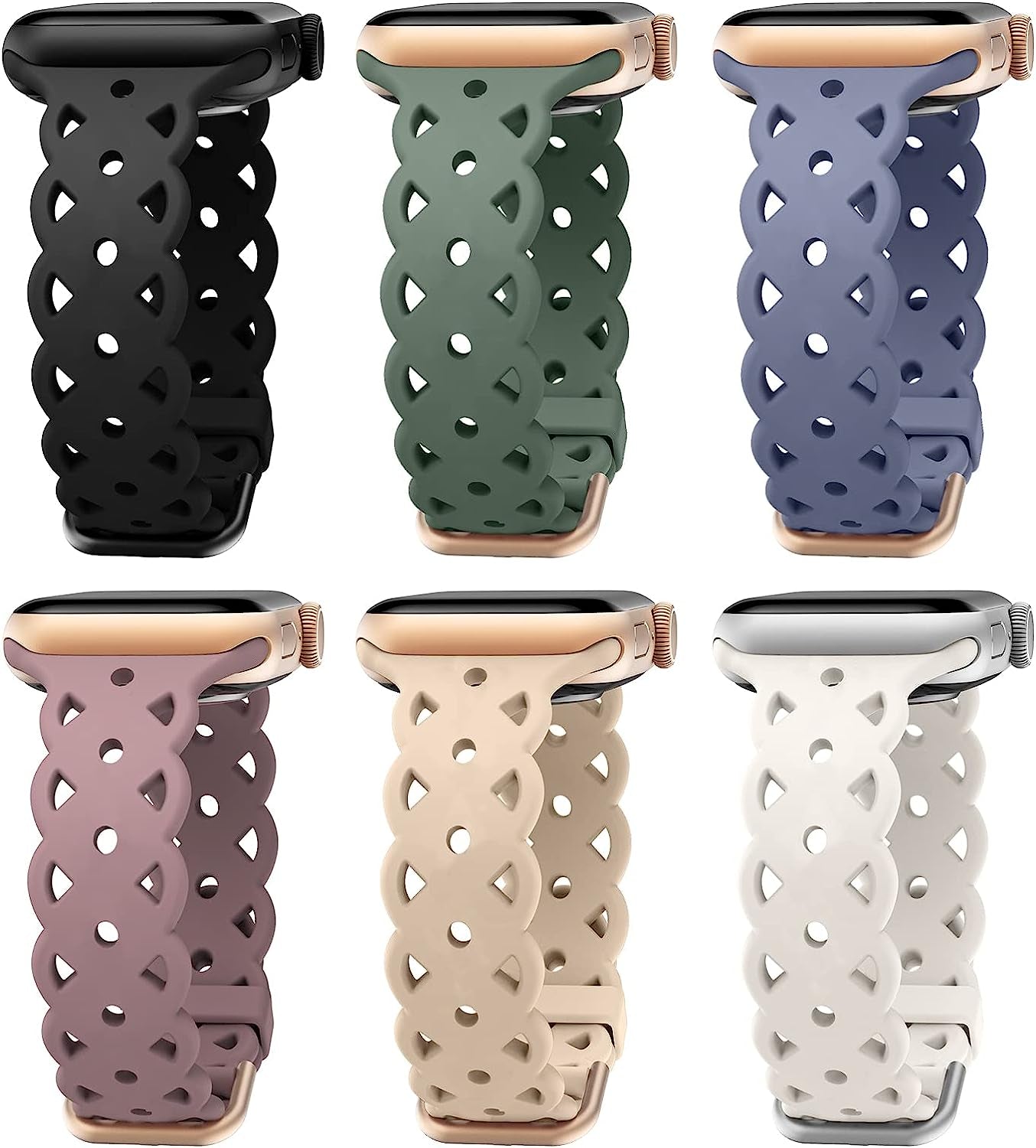 6-Pack Lace Silicone Bands Compatible for Apple Watch Bands 38Mm 40Mm 41Mm 42Mm 44Mm 45Mm 49Mm Women, Slim Breathable Sport Band Straps Wristband for Iwatch Series 8/7/6/5/4/3/2/1/Se/Ultra  Pizooprs   