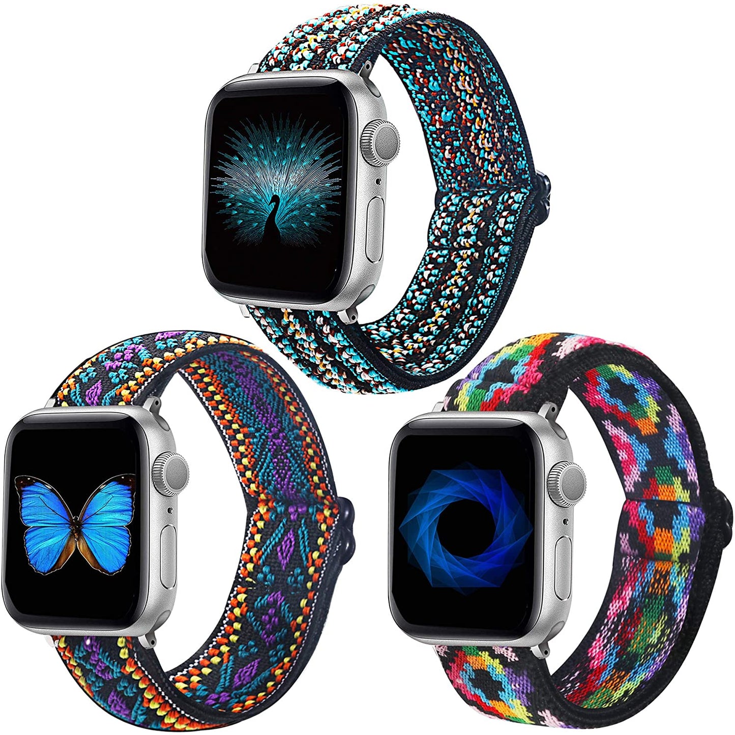 Dsytom 3 Pack Elastic Band Compatible with Apple Watch Bands 38Mm 41Mm 40Mm 42Mm 44Mm 45Mm, Adjustable Stretchy Nylon Bands for Iwatch Series Ultra 8/7/6/5/4/3/2/1 SE Strap for Women  Dsytom Fashion color+Boho Flower+Boho Color 42mm/44mm/45mm/49mm 
