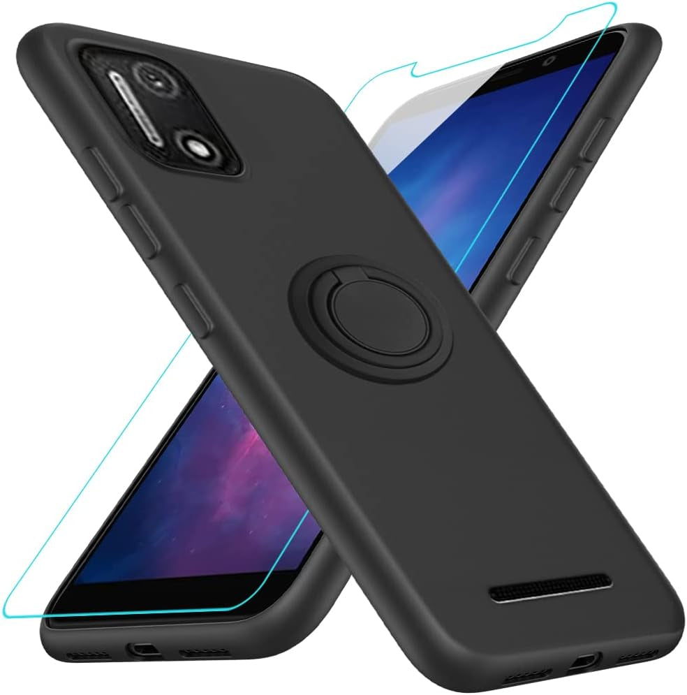 For Motorola Moto G 5G 2023 Phone Case with Glass Screen Protector, 360° Rotatable Ring Holder Magnetic Kickstand/Stand Silicone TPU Shockproof Protective Cover Case for Motorola Moto G 5G - Black  Nijiadi Mobile Stratus C7 Black  