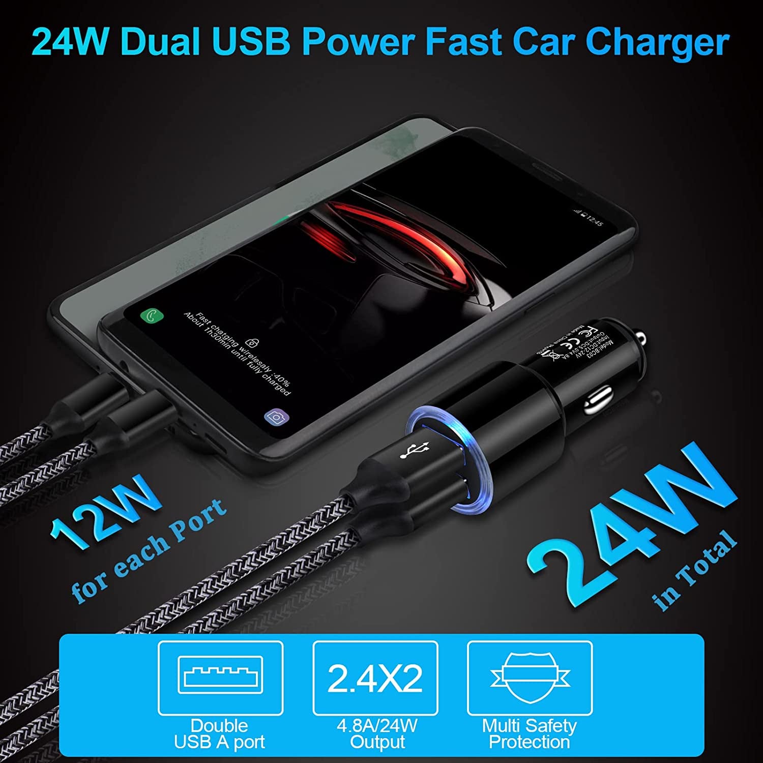 USB Car Charger, 2Pack 4.8A Fast Charging Dual Port USB Cigarette Lighter Adapter for Iphone 14 13 12 11 Pro Max SE XR X 8 7 6, Ipad, Samsung Galaxy S22 S21 S20 S10 S9 S8 S7 A10E A51,Android,Kindle  SHENZHEN SENJIN ELECTRONIC TECHNOLOGY CO.,LTD   