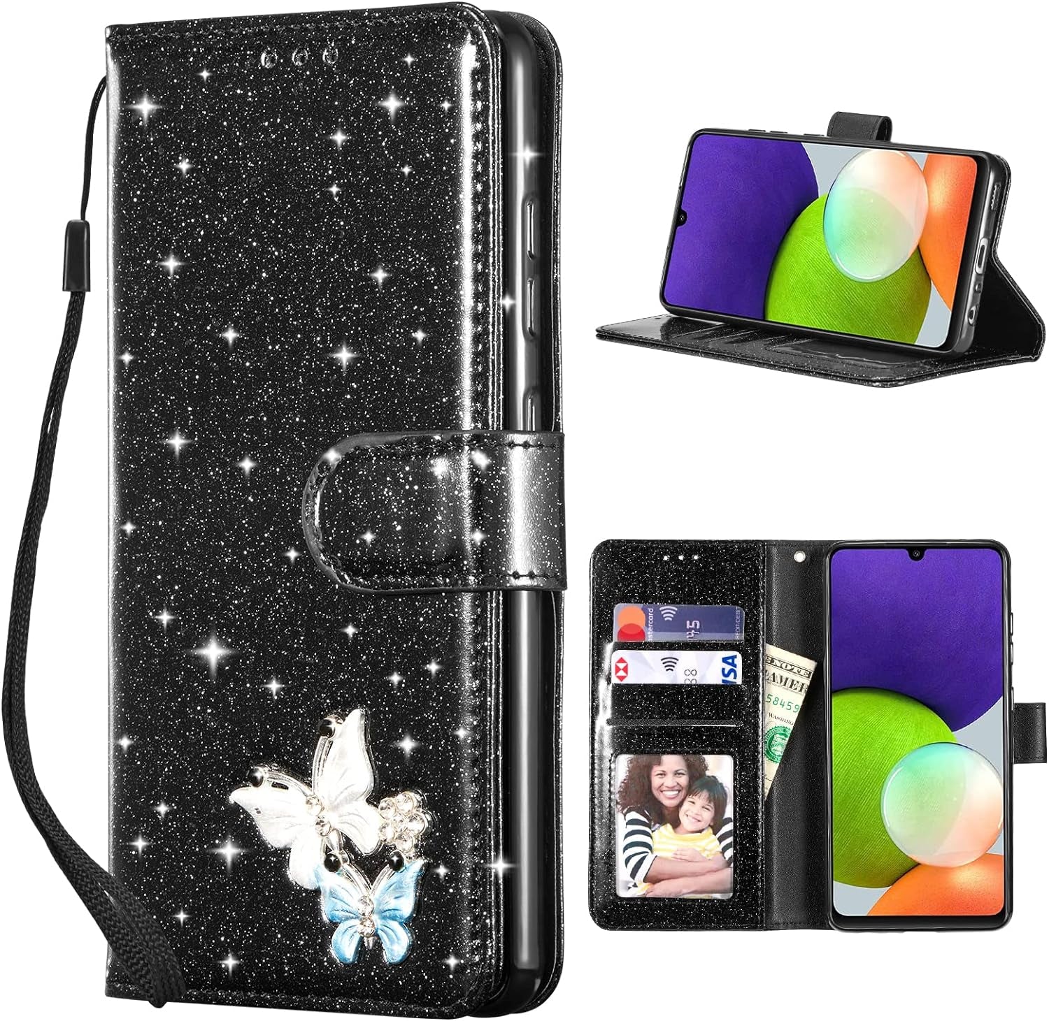 UEEBAI Wallet Case for Samsung Galaxy A53 5G, Premium Glitter PU Leather Phone Case Card Slots Kickstand Case Magnetic Closure Bling Handbag Case Shockproof Hand Strap Flip Cover - Glitter Purple  UEEBAI Black Samsung Galaxy A22 5G 