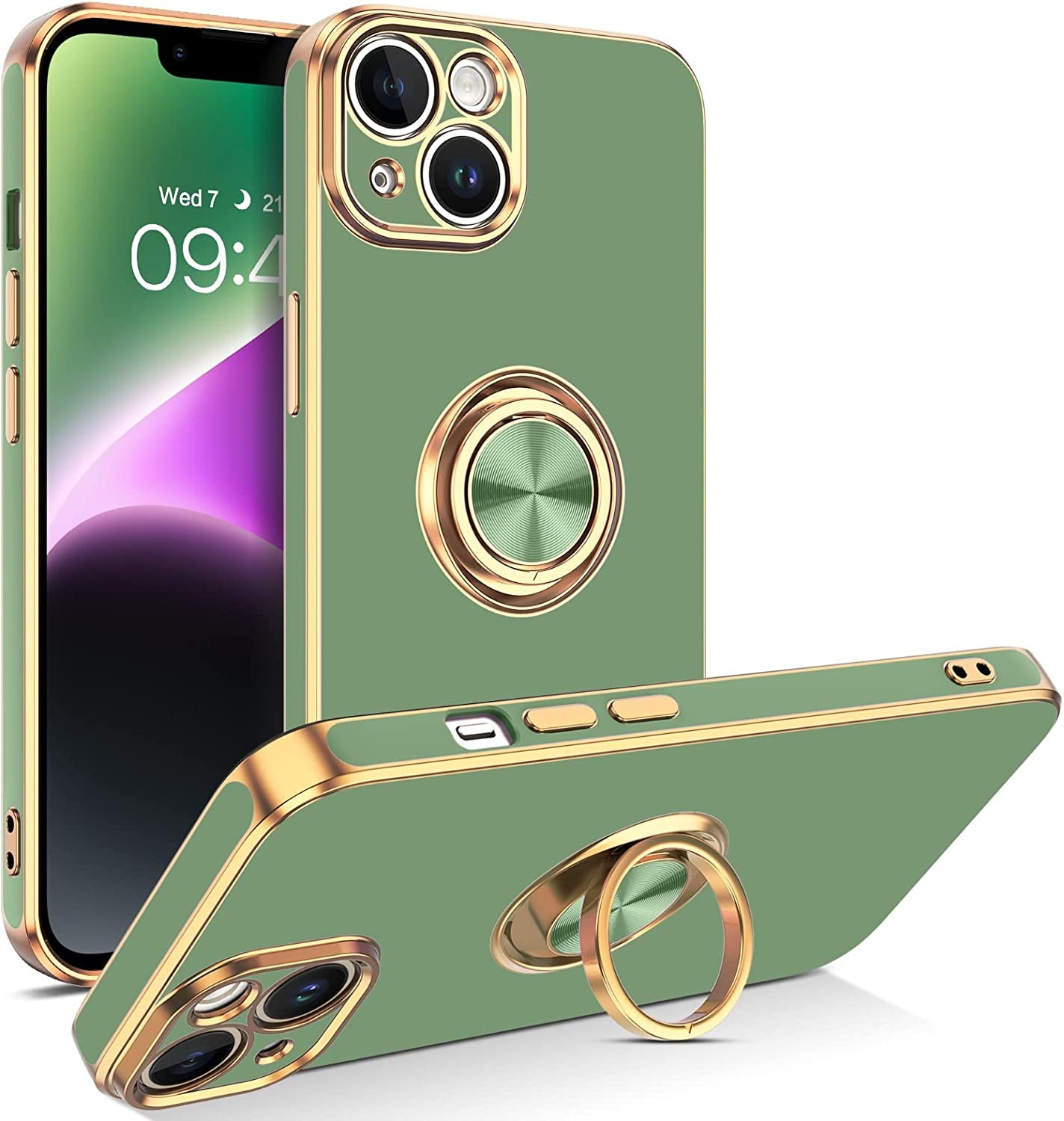 VENINGO Iphone 14 Case,Phone Cases for Iphone 14,Slim Fit Soft 360° Ring Holder Kickstand Magnetic Car Mount Supported Easy Clean Shockproof Protective Cover for Apple Iphone 14 6.1" 2022,Black/Golden  VENINGO RN266-Matcha Green  