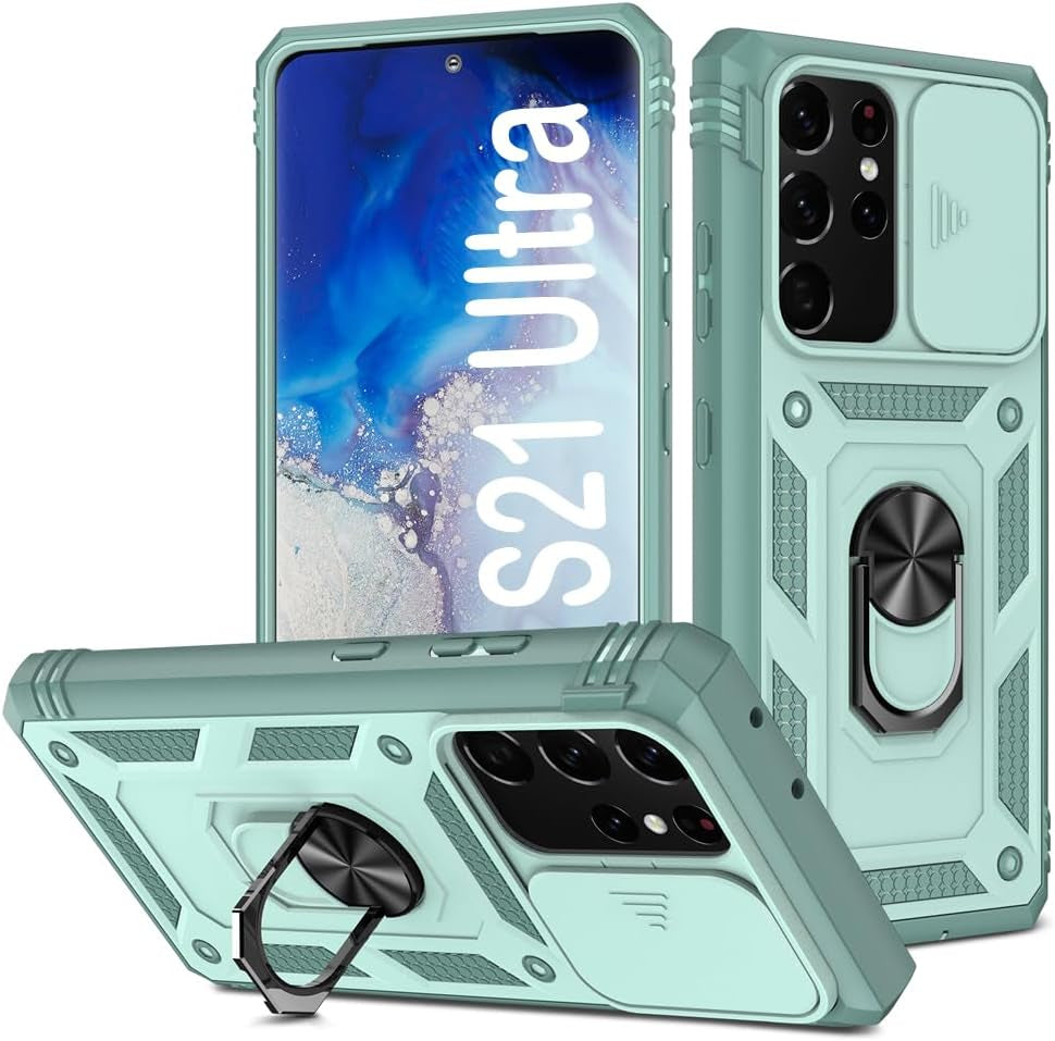 PASNEW for Samsung Galaxy S21 Ultra Case,Finger Ring Kickstand & Camera Cover Slide & Charge Port Dust Plug,Military Heavy Duty Full Body Shockproof Protective Hard Shell S21Ultra,6.8 Inch,Pink  PASNEW Green Samsung Galaxy S21 Ultra【6.8"】 