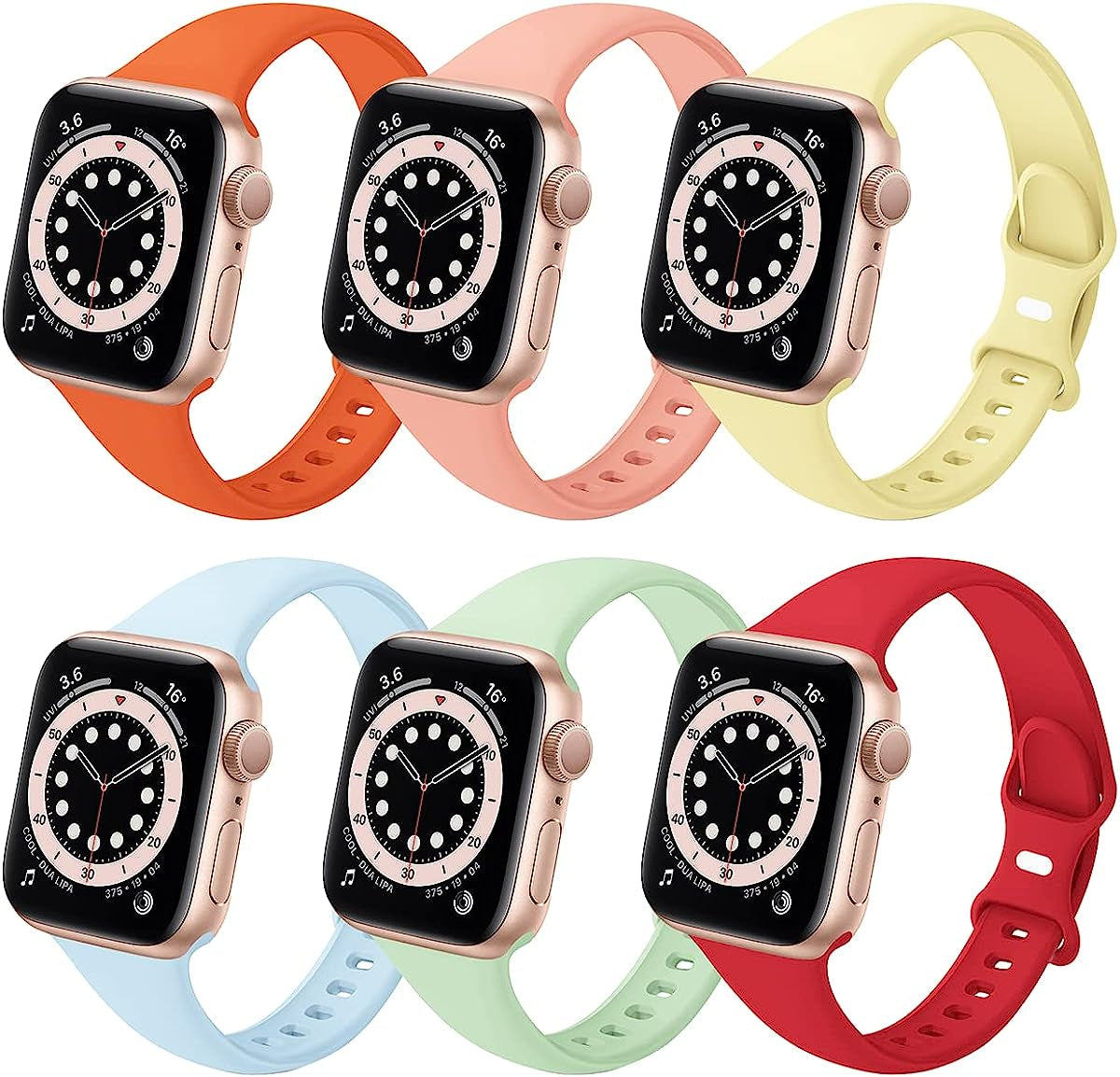 6 Pack Slim Sport Bands Compatible with Apple Watch Band 38Mm 40Mm 41Mm 42Mm 44Mm 45Mm 49Mm,Slim Soft Silicone Waterproof Strap Compatible with Iwatch Series Ultra 8 7 6 5 4 3 2 1 SE Women Men  SIV Orange/grapefruit/Cream/Seafoam/Pistachio/Red 38mm/40mm/41mm 