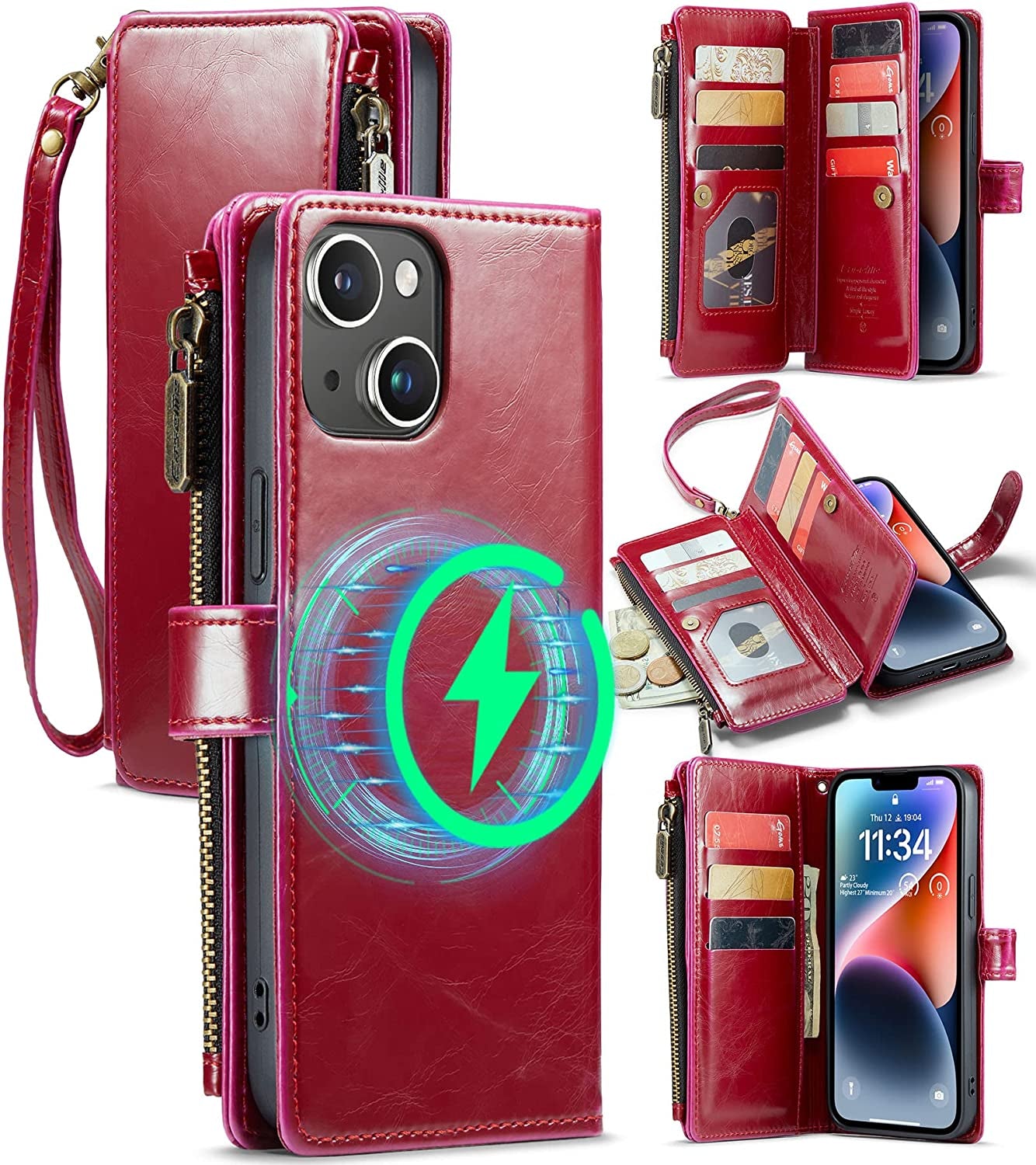 FLIPALM Wallet Case for Iphone 14 Pro(6.1") Flip Case,Compatible with Magsafe Charger,Pu Leather Zipper Protective Lanyard Strap Wristlet Case with Magnetic Closure and Card Holder Luxury Coffee  FLIPALM Luxury Red iPhone 14 Plus 