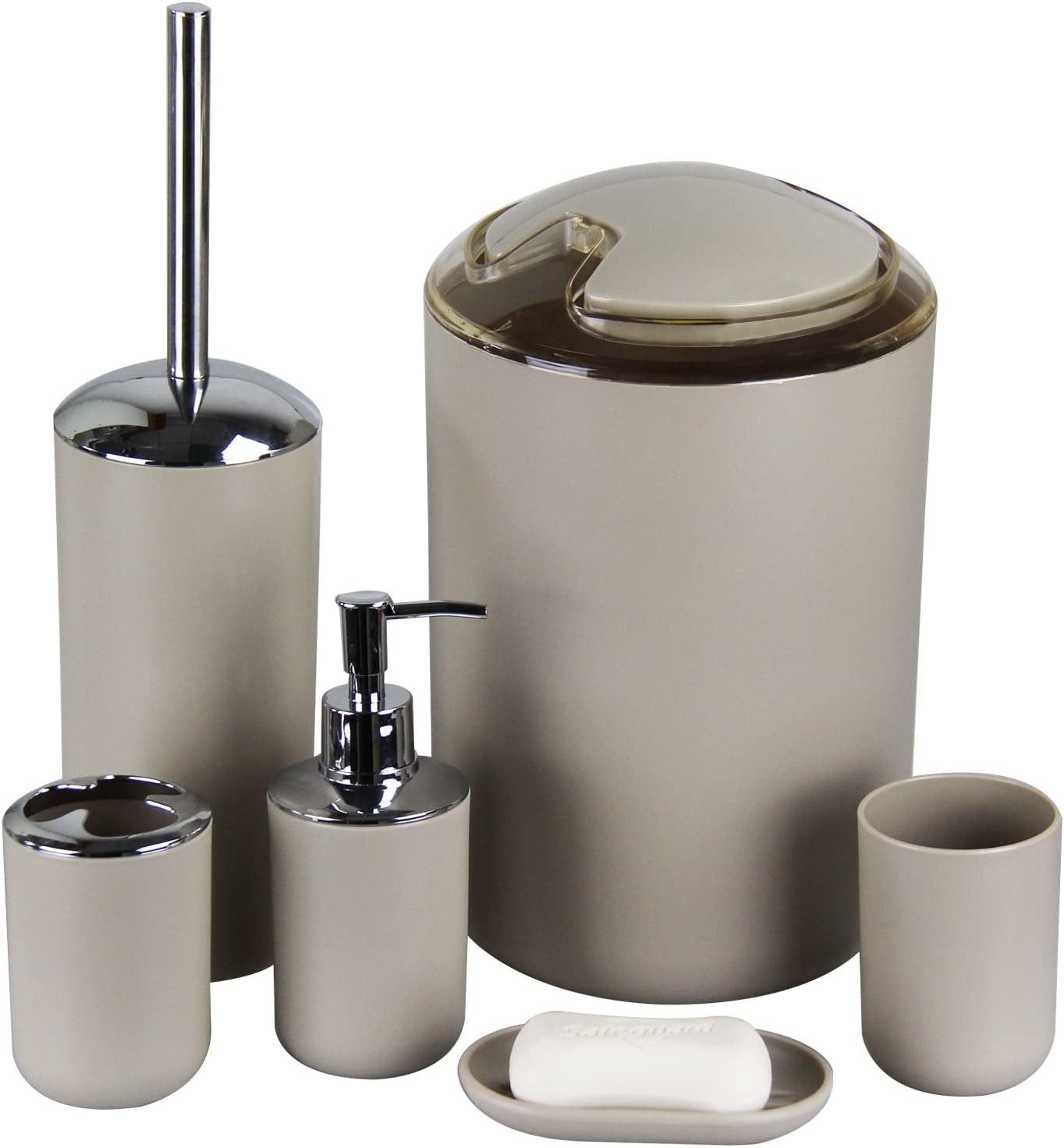 IMAVO Bathroom Accessories Set, 6-Piece Plastic Gift Set, Toothbrush Holder, Toothbrush Cup, Soap Dispenser, Soap Dish, Toilet Brush Holder, Trash Can (Grey)  IMAVO Apricot  