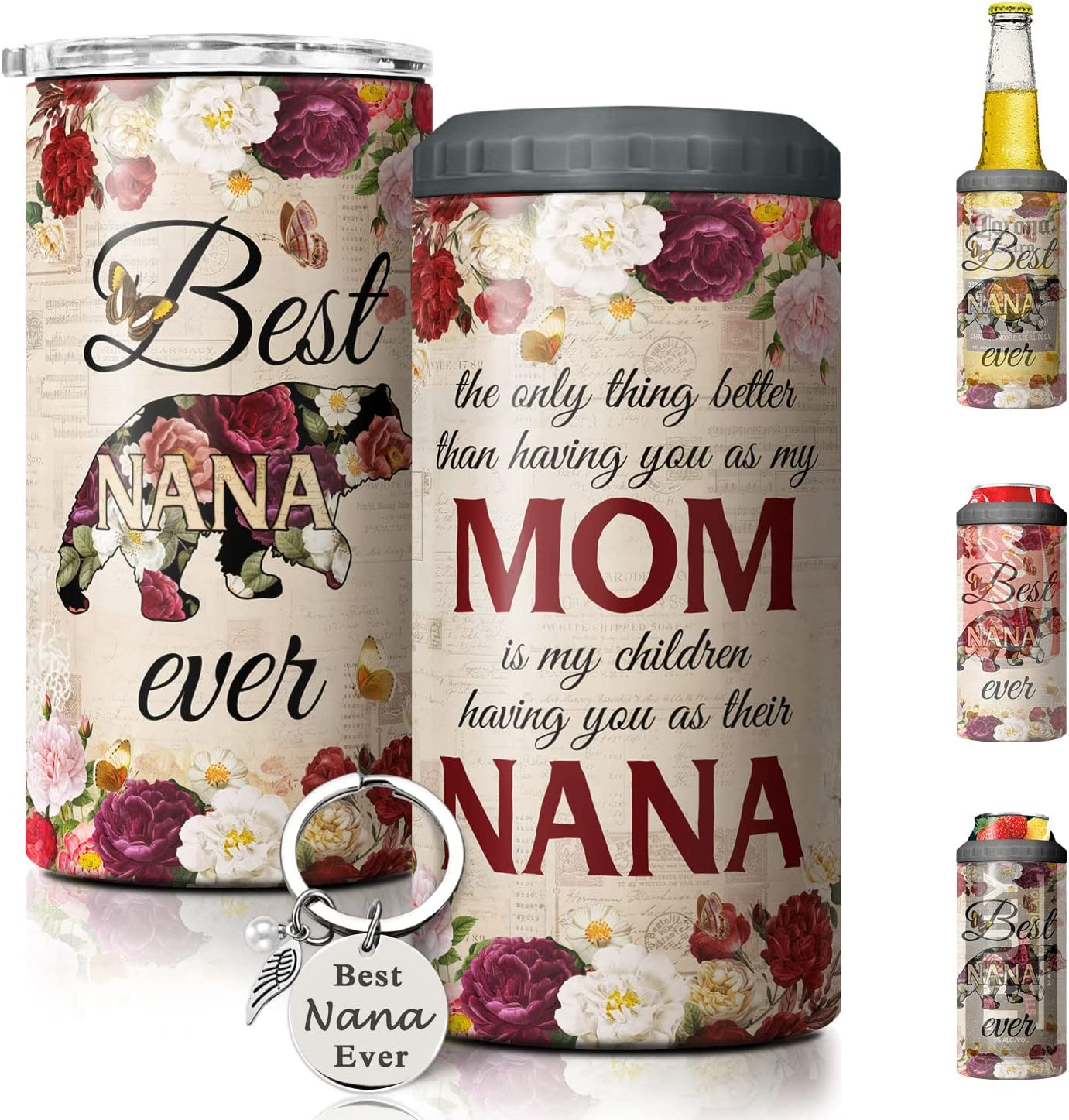 SANDJEST 4-In-1 Best Dad Ever Tumbler Gifts for Dad from Daughter Son - 12Oz Dad Can Cooler Tumblers Travel Mug Cup - Stainless Steel Insulated Cans Coozie Christmas, Birthday, Father'S Day Gift  SANDJEST Best Nana Ever - Floral Red  