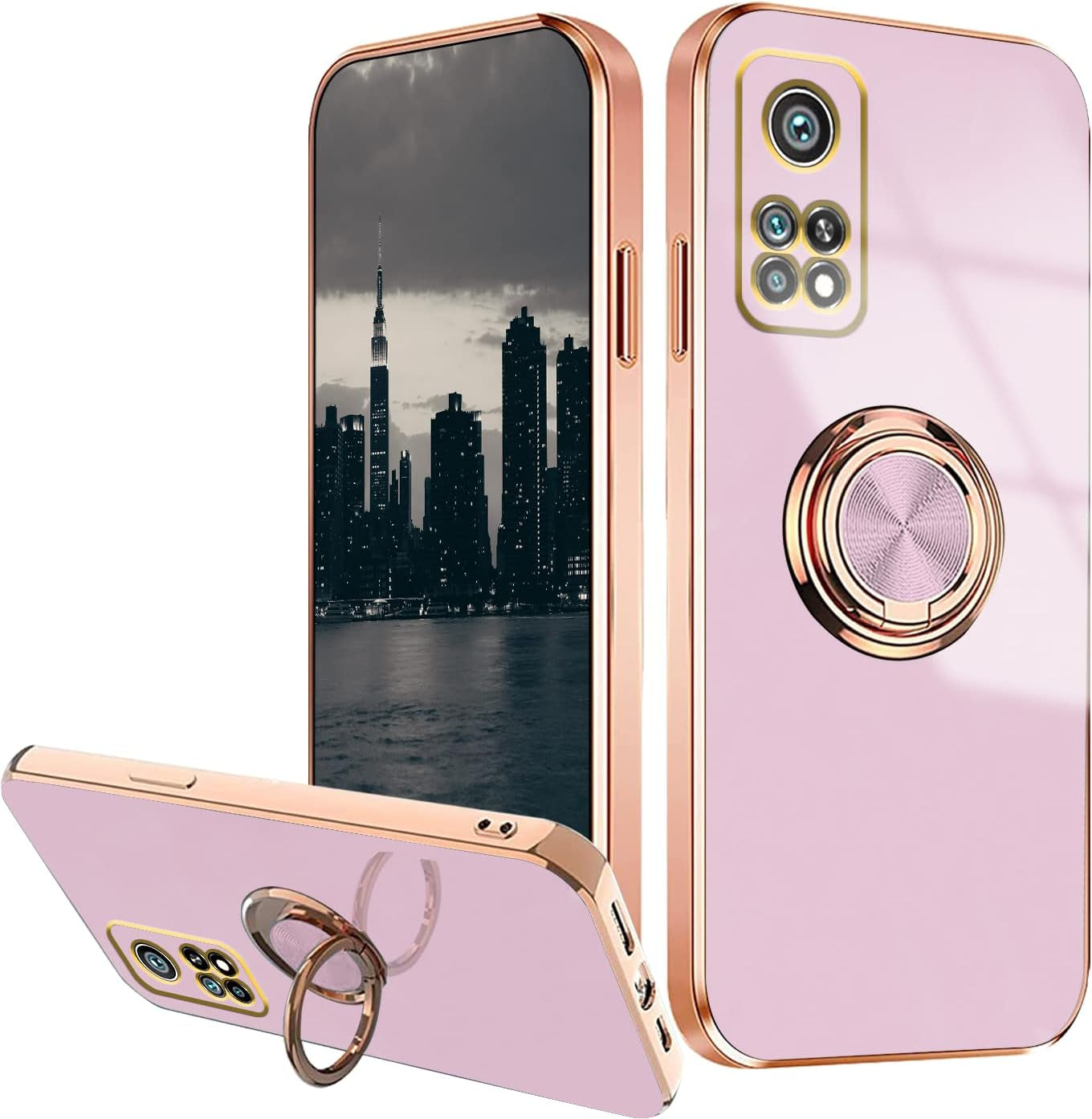 Wousunly Compatible with Xiaomi Mi 10T Case Ring Holder Magnet Green, Xiaomi Mi 10T Phone Case Xiaomi Mi 10T Pro Case Silicone Shockproof Plate Luxury Slim Cover (Xiaomi Mi 10T, Pink)  Wousunly Purple Xiaomi Mi 10T 