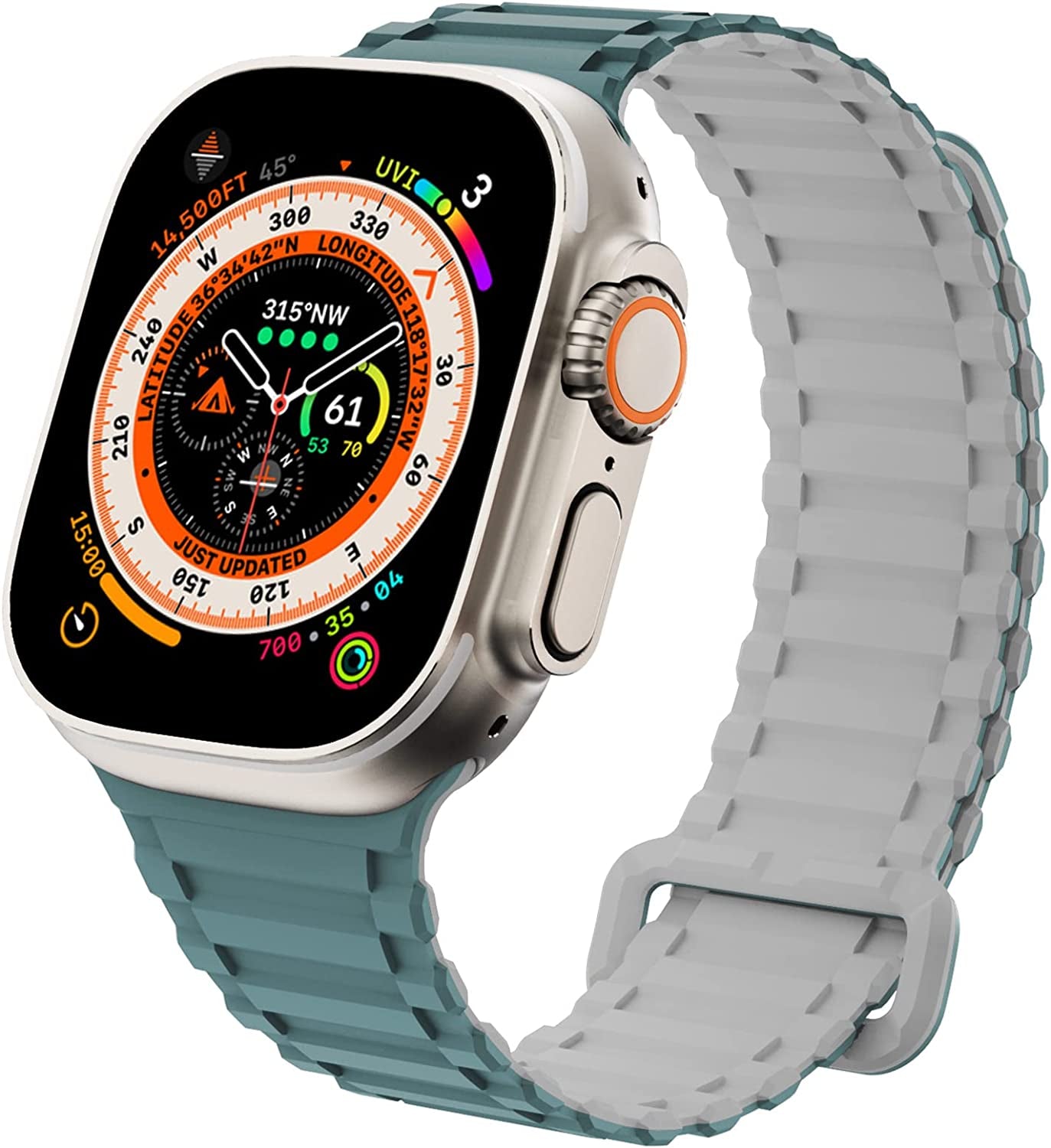 WINGLE for Apple Watch Ultra Band 49Mm Series 8 Series 7 45Mm 44Mm 42Mm Men, Strong Magnetic Bands Bracelet Adjustable Silicone Sport Strap for Apple Watch SE 6 5 4 3 2 1 Iwatch Women,Grey/Orange  WINGLE Green/Grey Ultra 49mm/45mm/44mm/42mm 