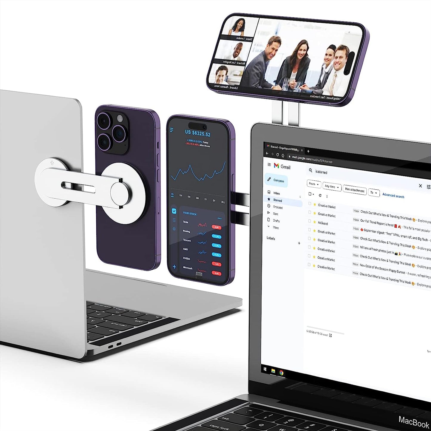 HAMOPY Magnetic Laptop Phone Mount, 180° Adjustable Continuity Camera Mount, Flippable Monitor Side Mount Laptop Extension Bracket, Slim Magsafe Phone Holder for Iphone 14/13/12 Series and More  HAMOPY   