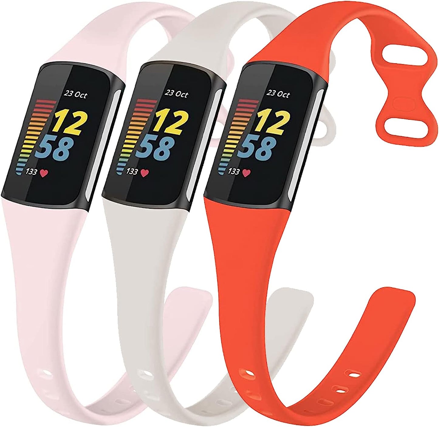 3 Pack Bands for Fitbit Charge 5，Soft Silicone Adjustable Sport Band Replacement Wristbands for Fitbit Charge 5 Fitness Tracker  SENGKOB Official white+sand powder+orange  