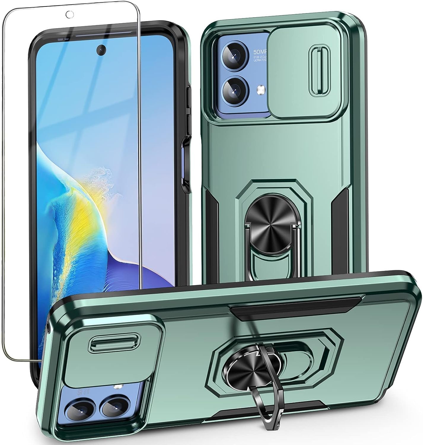 For Motorola Moto G Stylus 5G 2023 Case with Slide Camera Cover + Tempered Glass Screen Protector,[Full Camera Protection] [Ring Kickstand] Military Grade Shockproof Full Body Protective Cover-Orange  Mocotto Green  