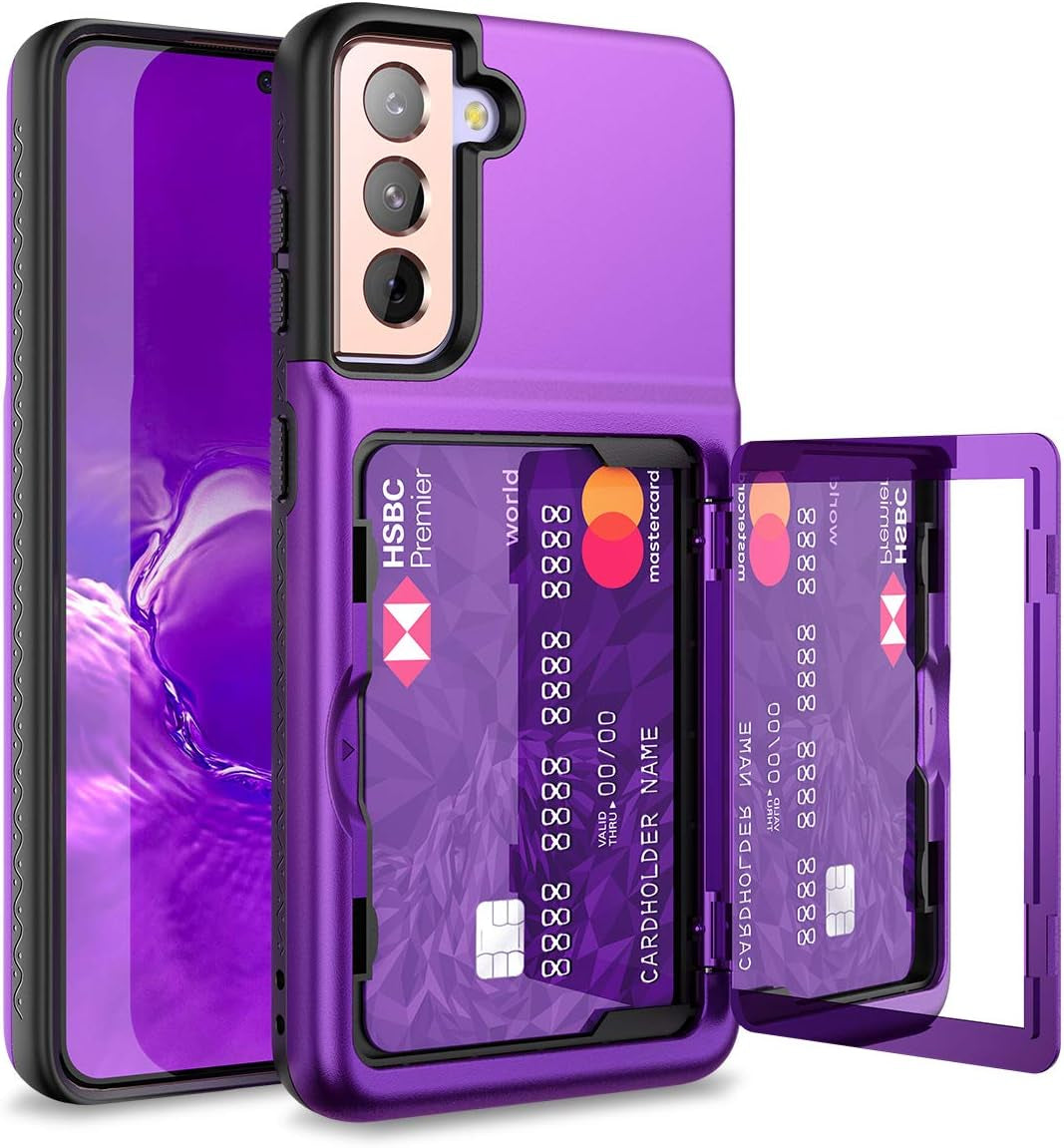 Welovecase for Samsung Galaxy S21 Wallet Case with Credit Card Holder & Hidden Mirror, Defender Protective Shockproof Heavy Duty Protection Phone Cover for Samsung Galaxy S21 5G, 6.2 Inch Black  WeLoveCase Purple  