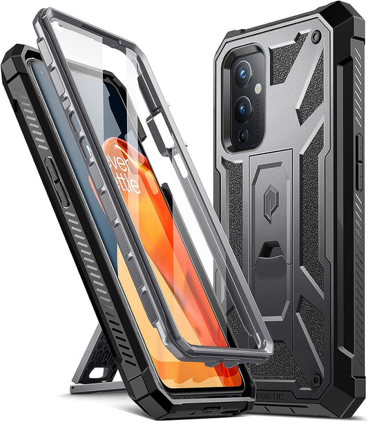 Poetic Spartan Series Designed for Oneplus 9 5G Case, Full-Body Rugged Shockproof Protective Cover with [Premium Leather Texture], Kickstand and Built-In Screen Protector, Metallic Gun Metal  Poetic   